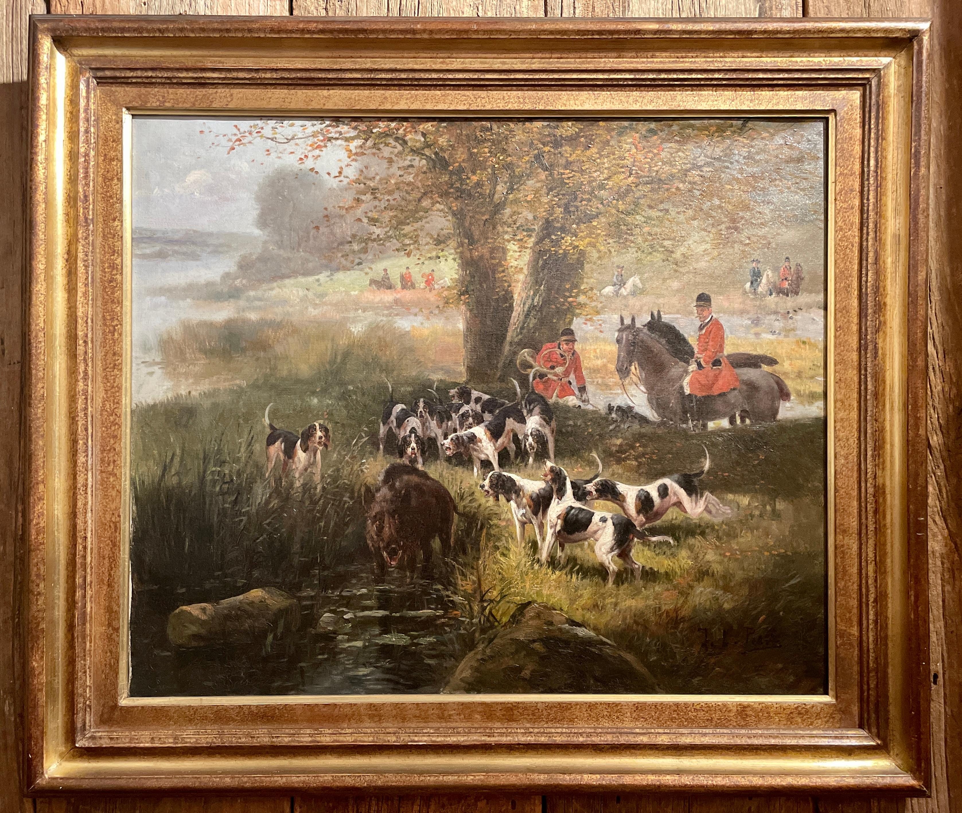 Pair antique English framed oil on canvas 