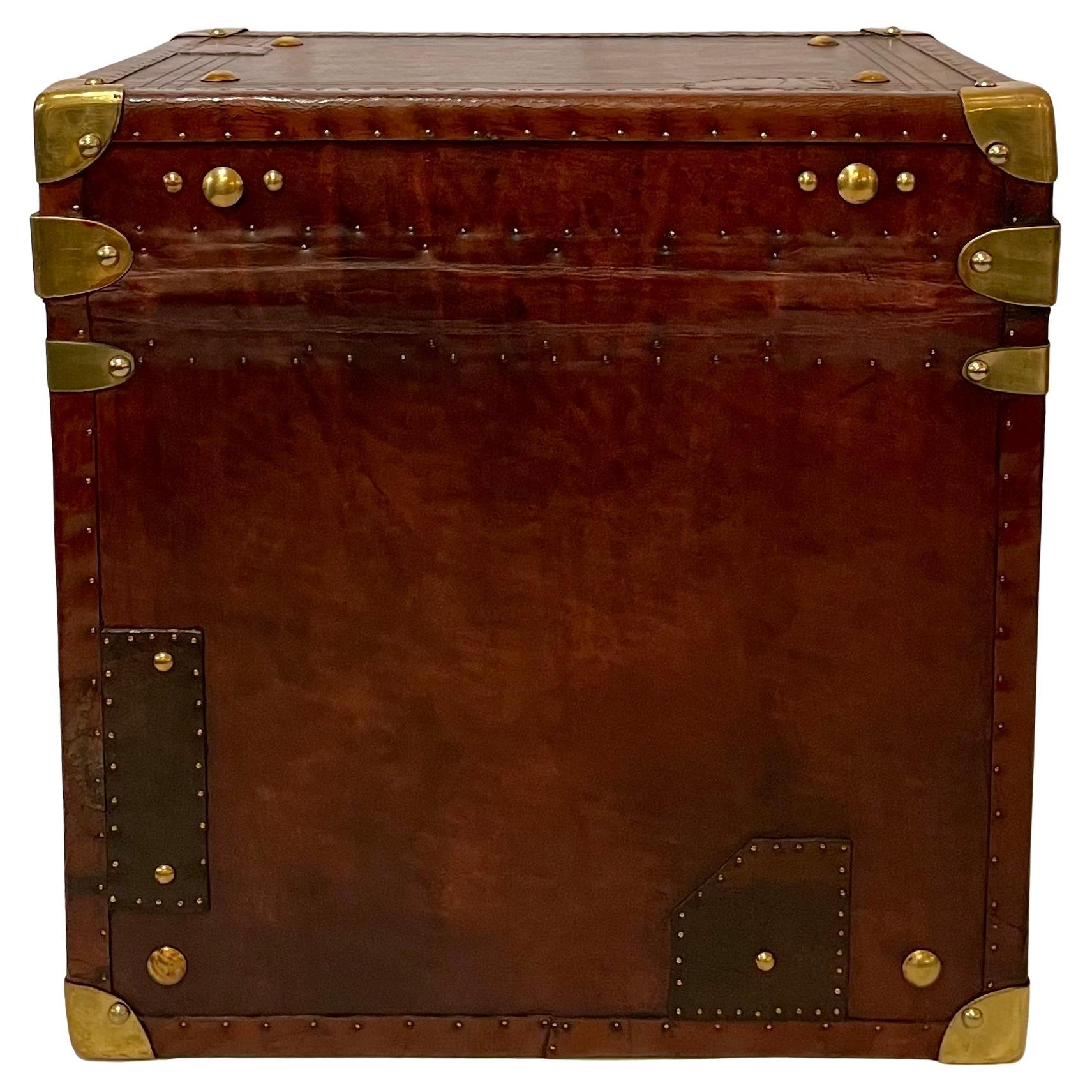 Pair Antique English Leather Covered Military Chests with Brass Mounts 6