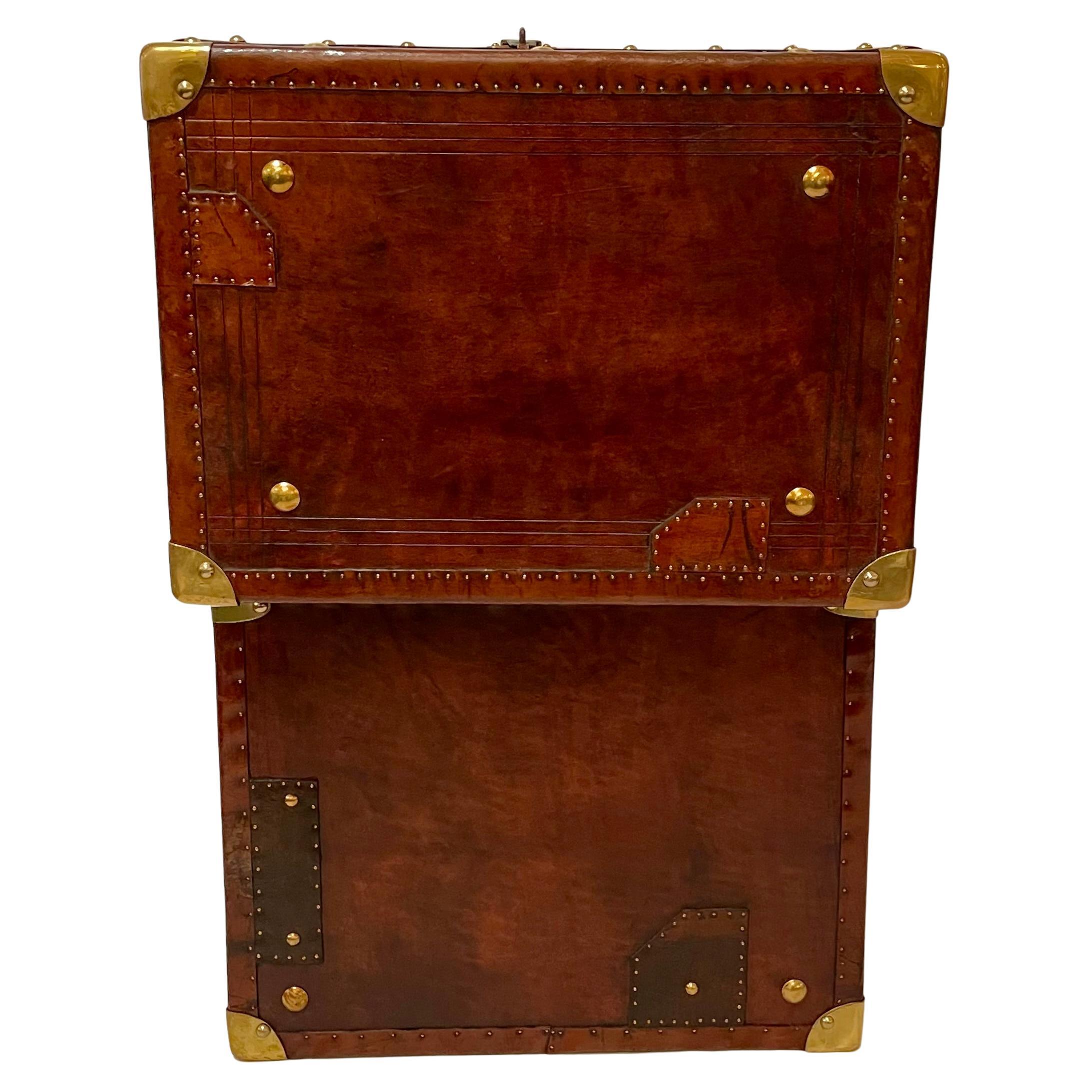 Pair Antique English Leather Covered Military Chests with Brass Mounts 7