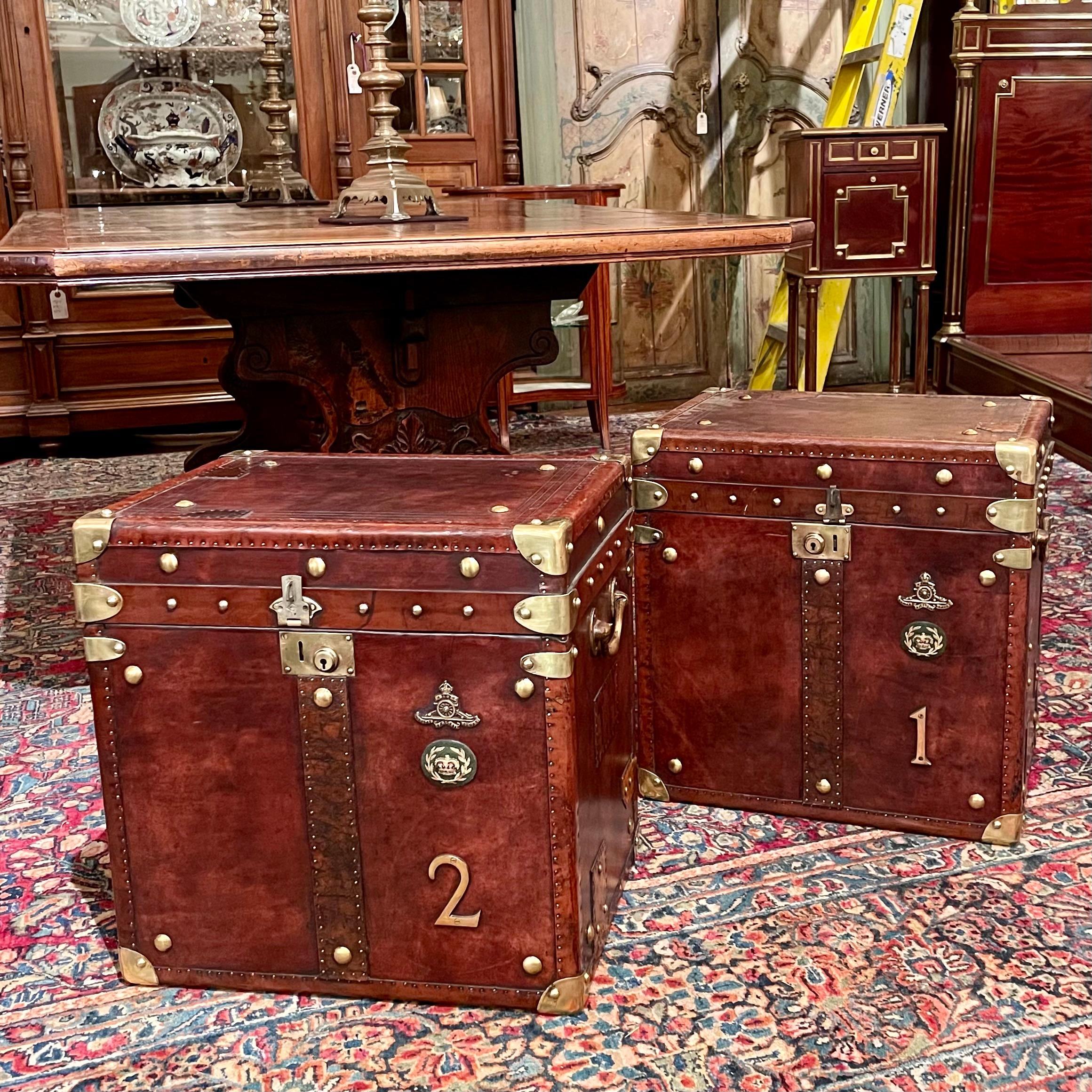 Pair Antique English Leather Covered Military Chests with Brass Mounts 10