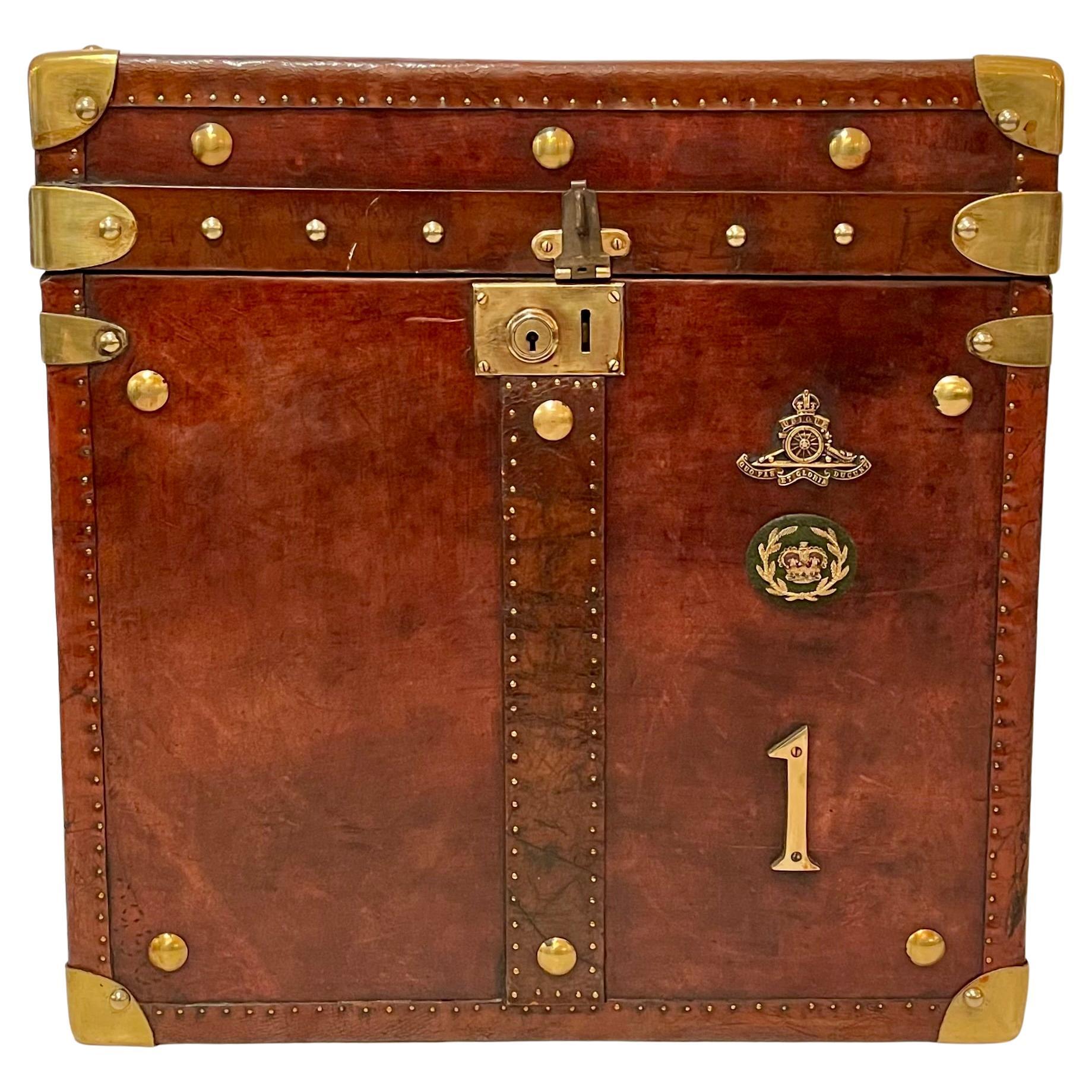 Pair Antique English Leather Covered Military Chests with Brass Mounts, Circa 1900's.