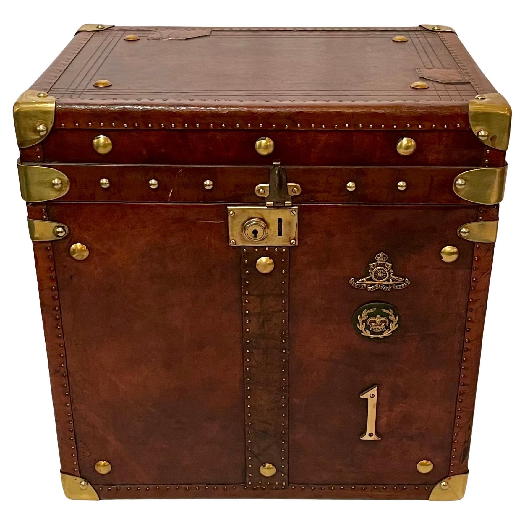 20th Century Pair Antique English Leather Covered Military Chests with Brass Mounts