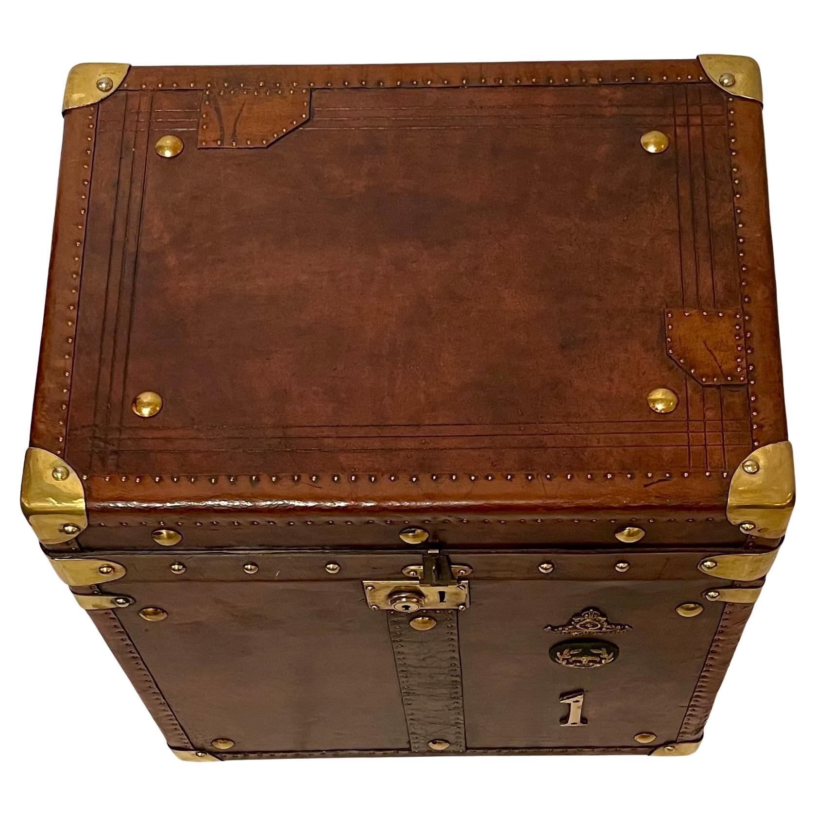 Pair Antique English Leather Covered Military Chests with Brass Mounts 1