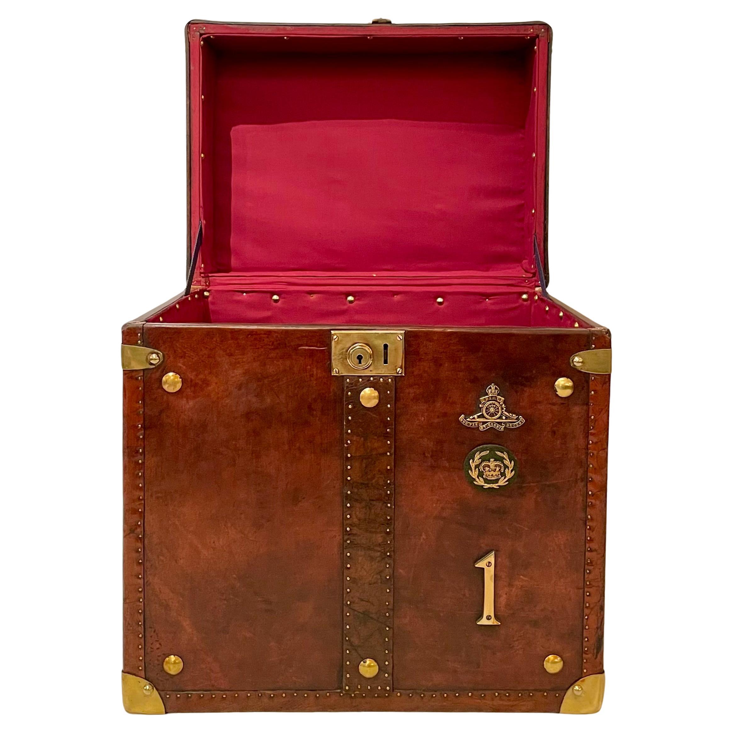 Pair Antique English Leather Covered Military Chests with Brass Mounts 2