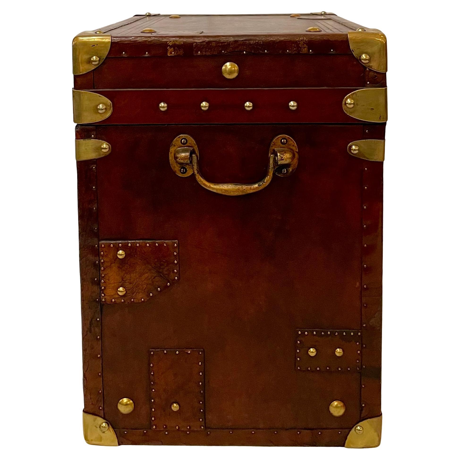 Pair Antique English Leather Covered Military Chests with Brass Mounts 4