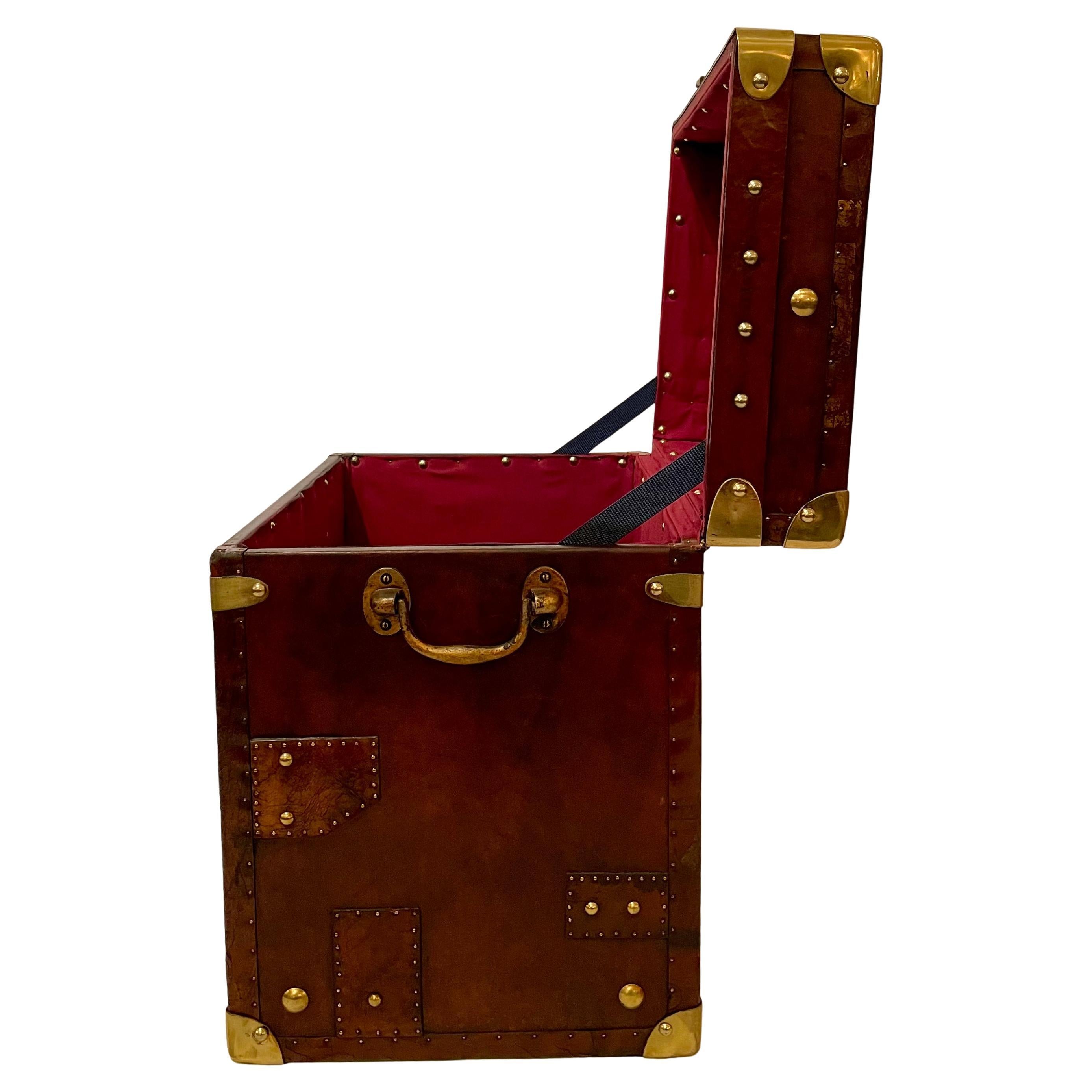 Pair Antique English Leather Covered Military Chests with Brass Mounts 5