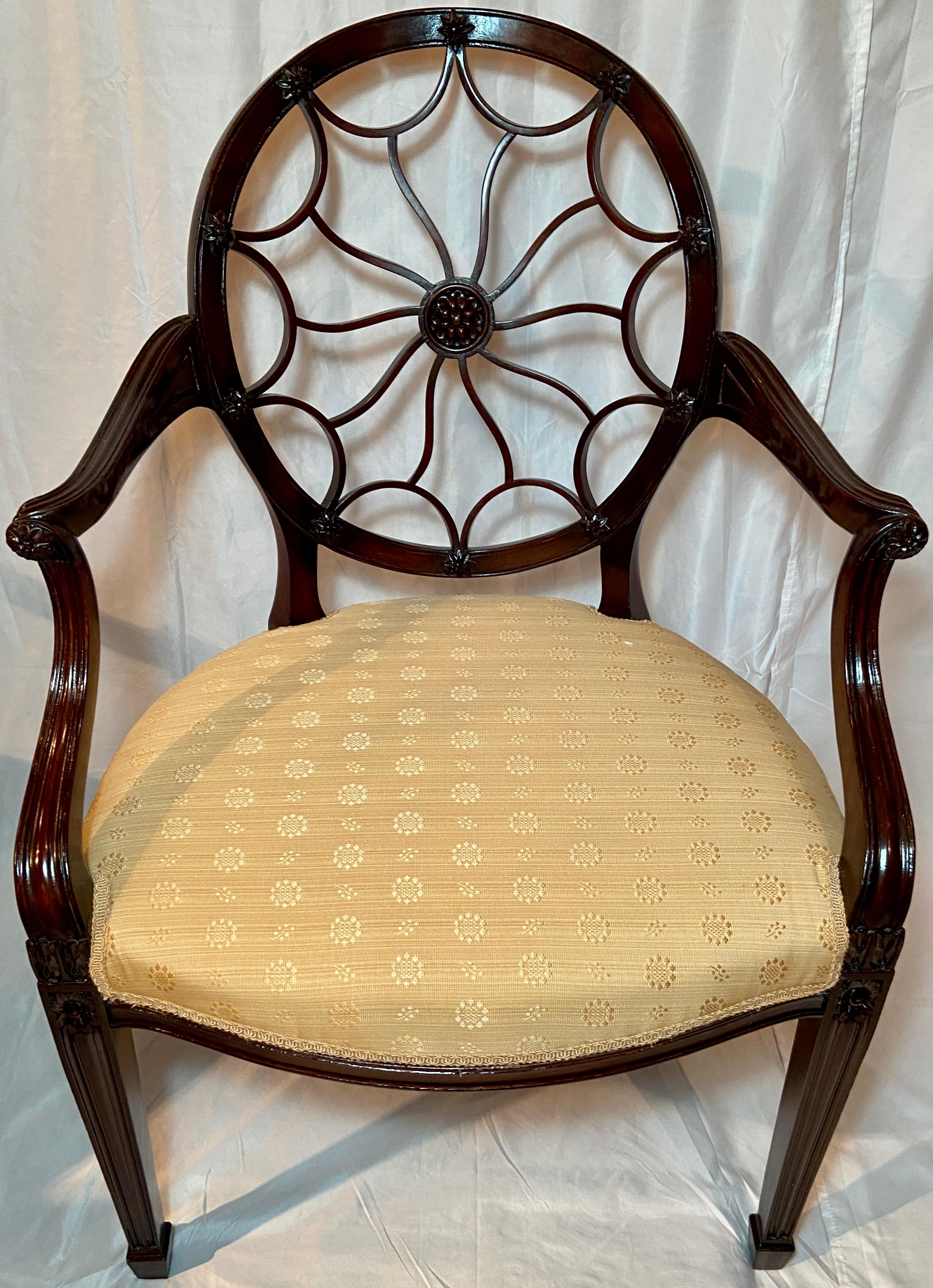 Pair Antique English Mahogany Round-Back Armchairs with Yellow Upholstery, Circa 1865-1885.