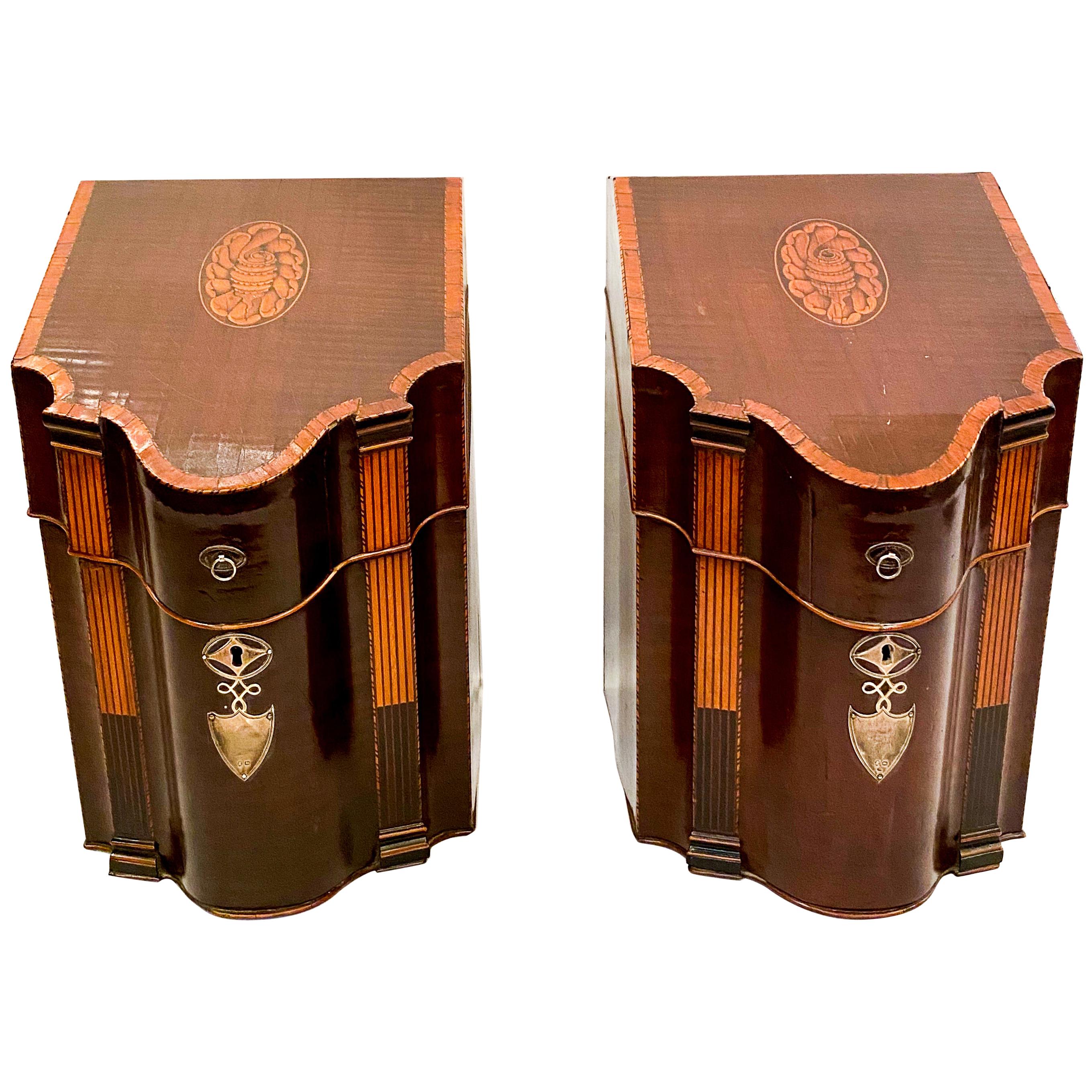 Pair of Antique English Mahogany Sheraton Knife Boxes with Satinwood, circa 1860 For Sale