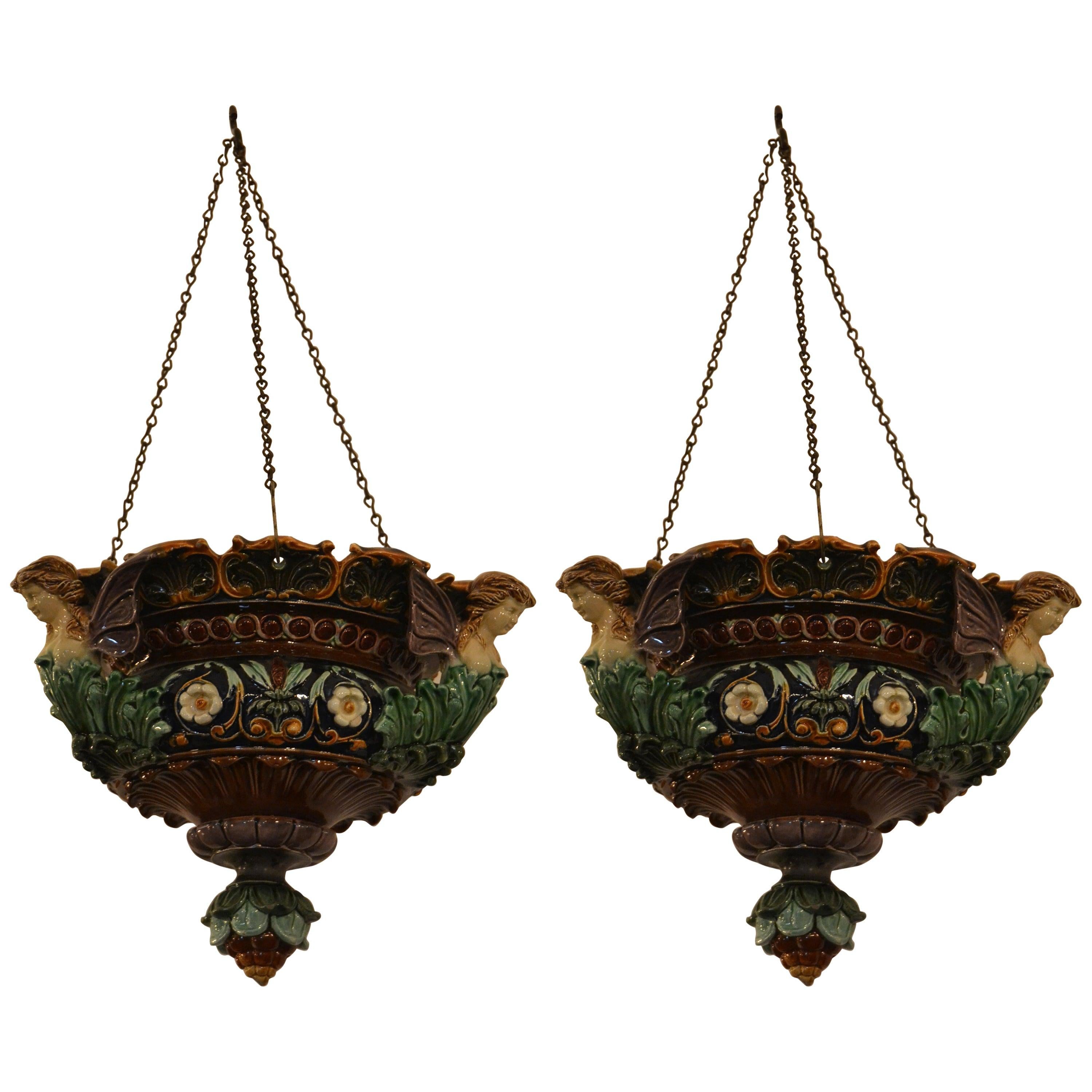 Majolica Pottery Pair of English Multicolored Majolica Jardinière Light Fixtures, circa 1870 For Sale