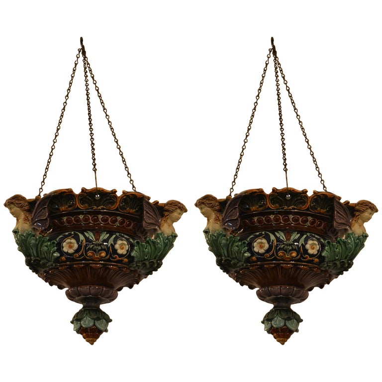 Pair of English Multicolored Majolica Jardinière Light Fixtures, circa