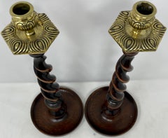 Pair Antique English Oak Barley Twist and Brass Candlesticks, Circa 1890