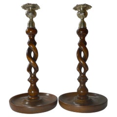 Pair Antique English Oak Barley Twist Candlesticks, Brass Thistle Tops