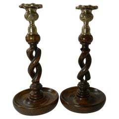 Pair Antique English Oak Barley Twist Candlesticks, Brass Thistle Tops