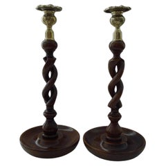 Pair Antique English Oak Barley Twist Candlesticks - Brass Tops
