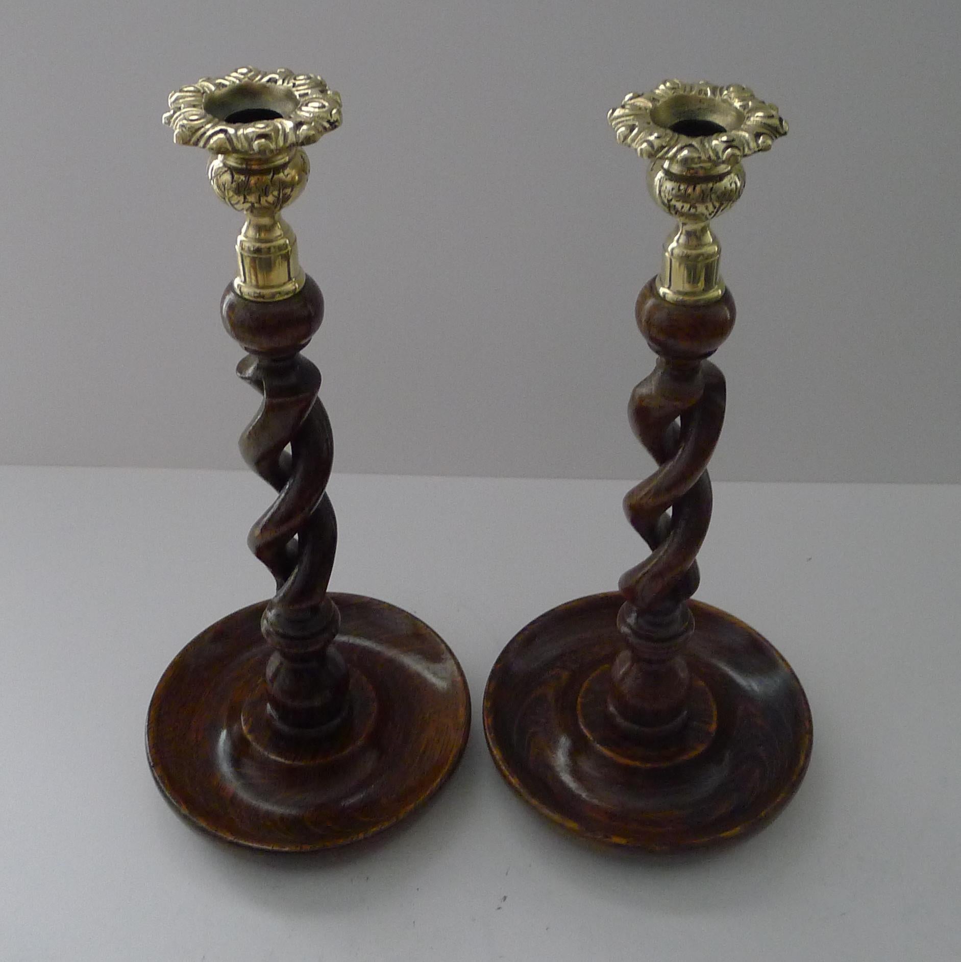 Early 20th Century Pair Antique English Oak Barley Twist Candlesticks - Brass Tops