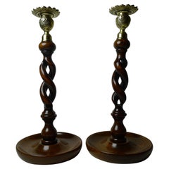 Pair Antique English Oak Barley Twist Candlesticks, Brass Tops