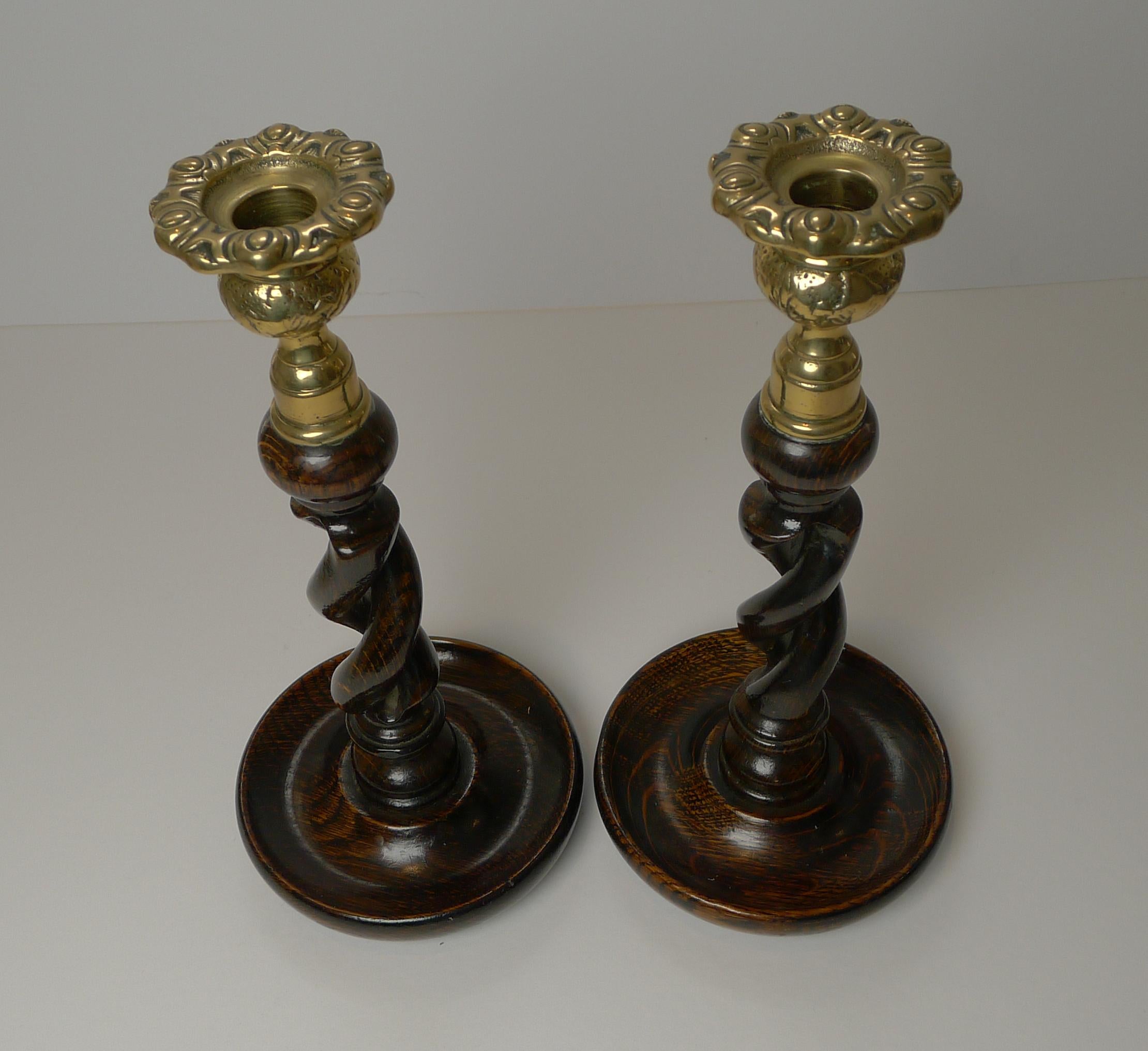 Edwardian Pair Antique English Oak Barley Twist Candlesticks c.1900