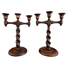 PAIR Antique English Oak Barley Twist Candlesticks Candelabras Candle Holders