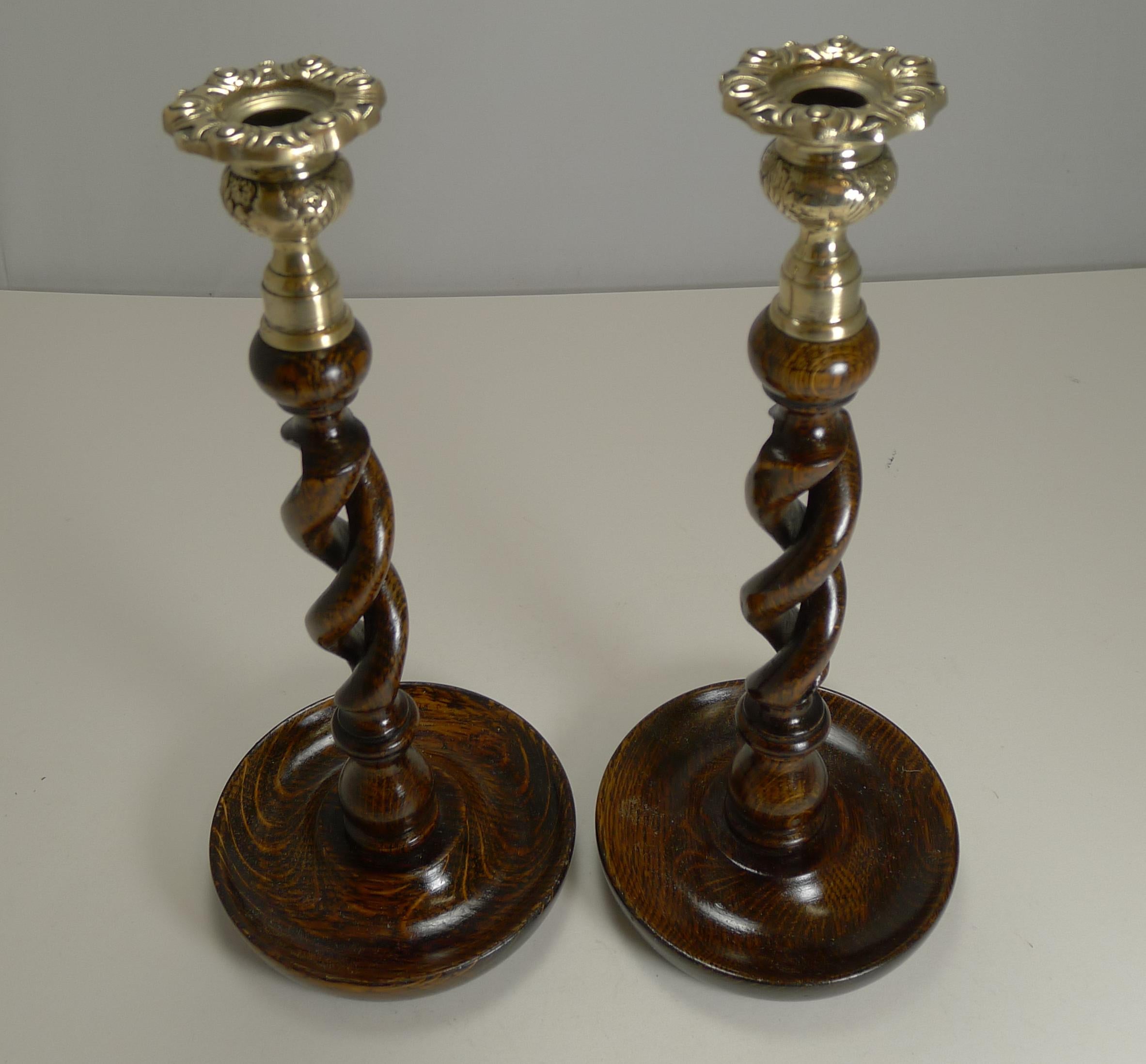 A wonderful pair of wooden candlesticks, always a winning combination, polished oak and brass.

Not to be confused with a simple pair of twists, these are the highly sought-after 