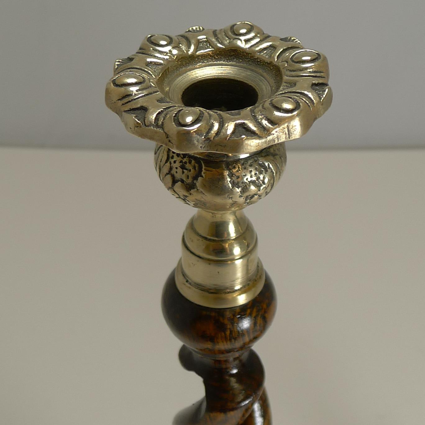 Pair of Antique English Oak Open Barley Twist Candlesticks, Brass Thistle Tops In Good Condition In Bath, GB