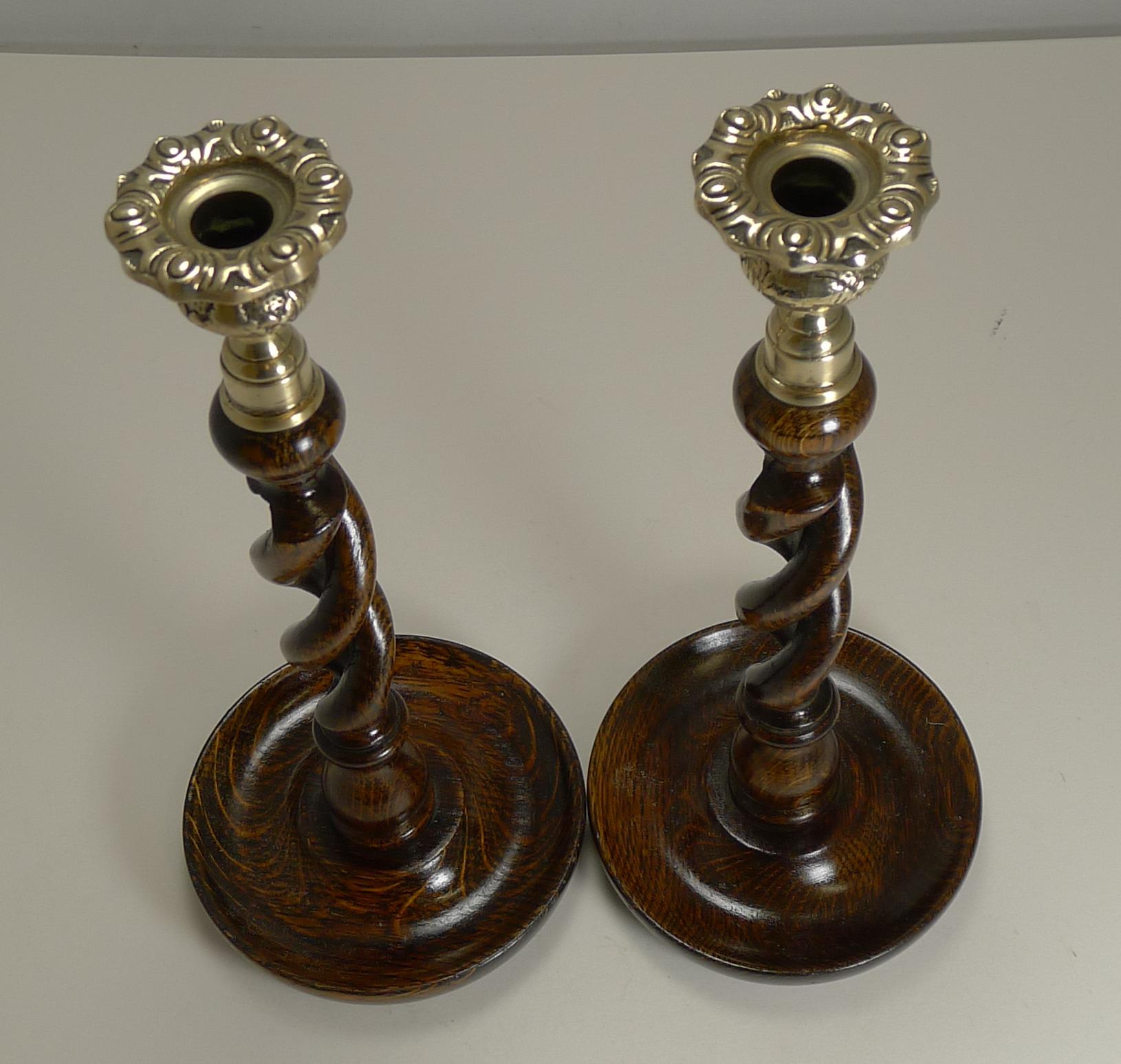 Early 20th Century Pair of Antique English Oak Open Barley Twist Candlesticks, Brass Thistle Tops
