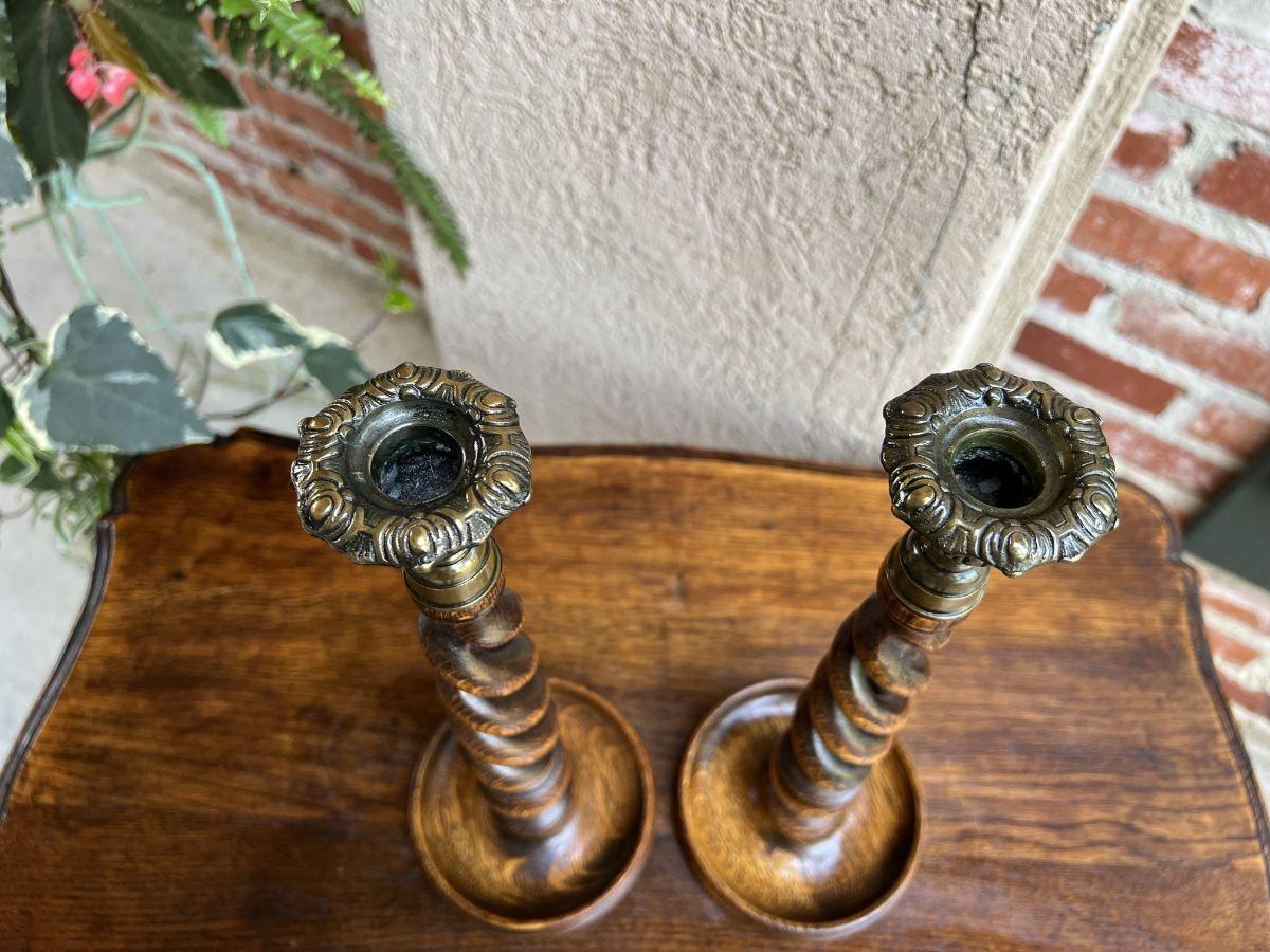 Pair Antique English Oak Open Barley Twist Candlesticks Candle Holder Brass For Sale 3