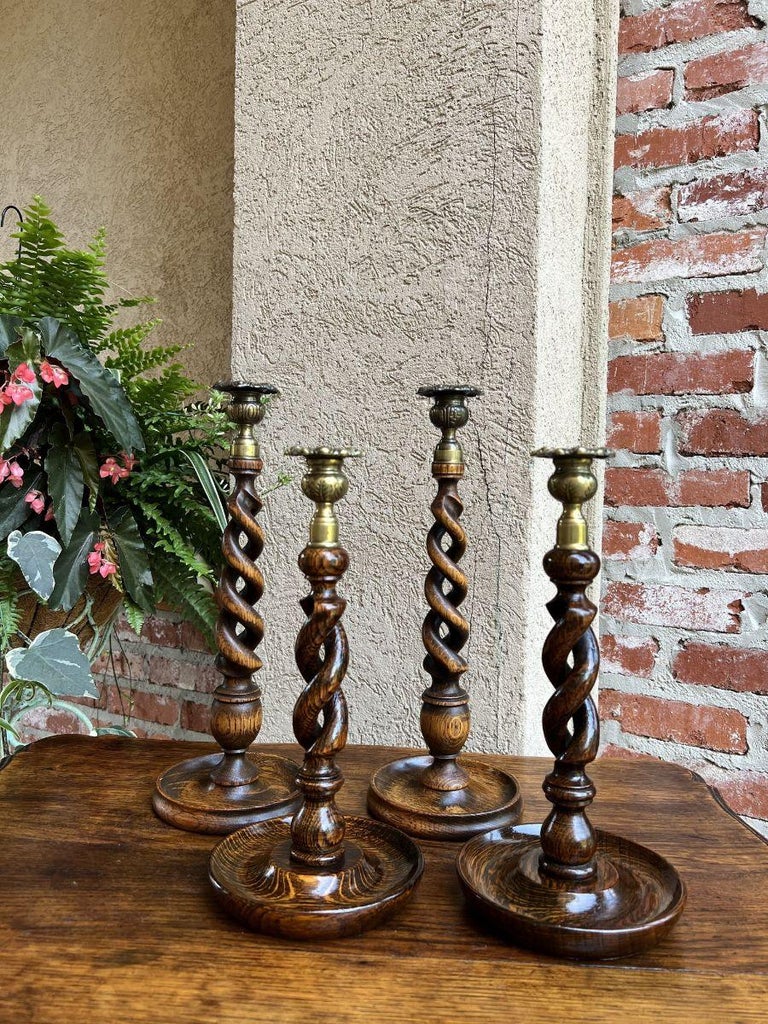 Pair Antique English Oak Open Barley Twist Candlesticks Candle Holder