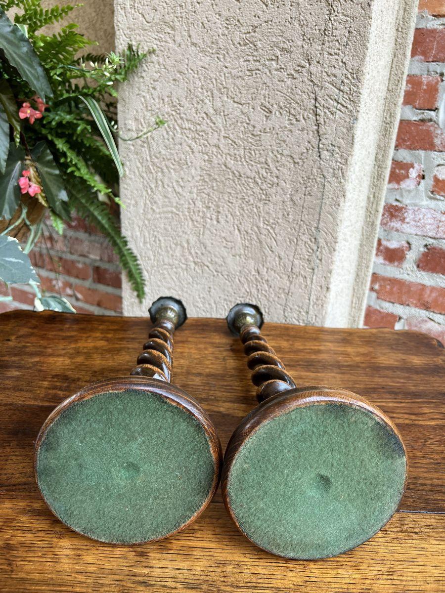 Pair Antique English Oak Open Barley Twist Candlesticks Candle Holder Brass For Sale 5