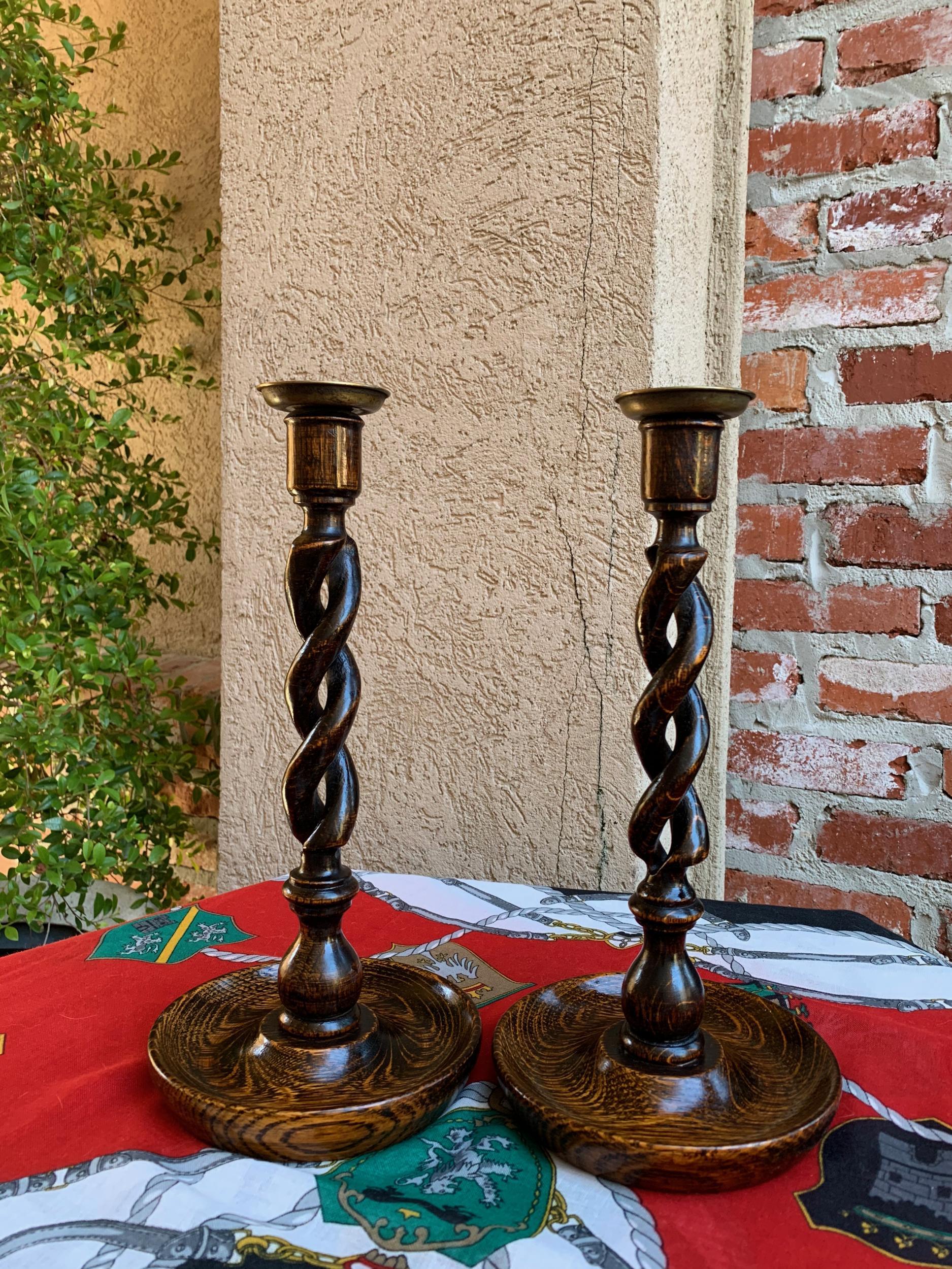 Pair of Antique English Oak Open Barley Twist Candlesticks Candleholder Brass 6