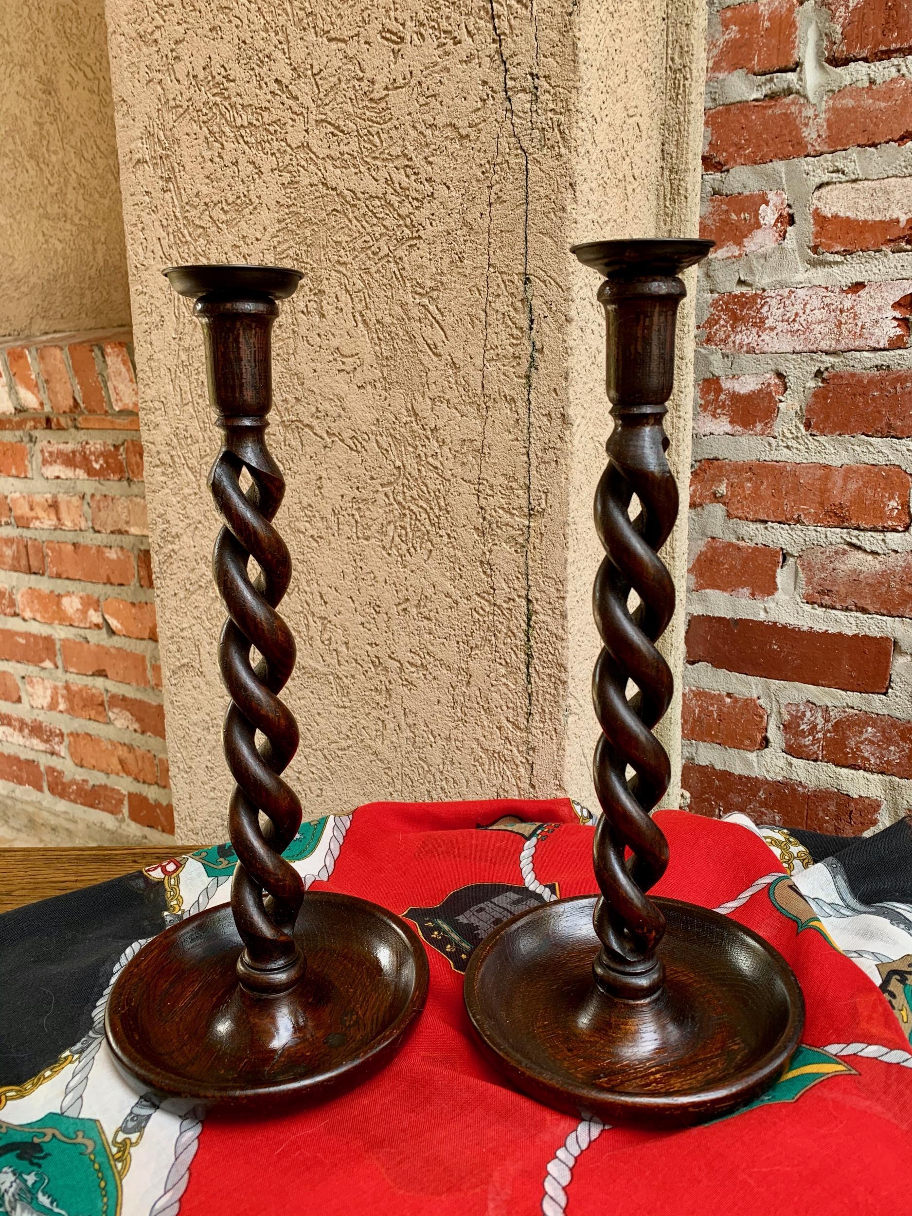 Pair of Antique English Oak Open Barley Twist Candlesticks Candleholder Brass 7