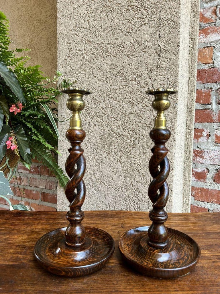 Pair Antique English Oak Open Barley Twist Candlesticks Candle Holder