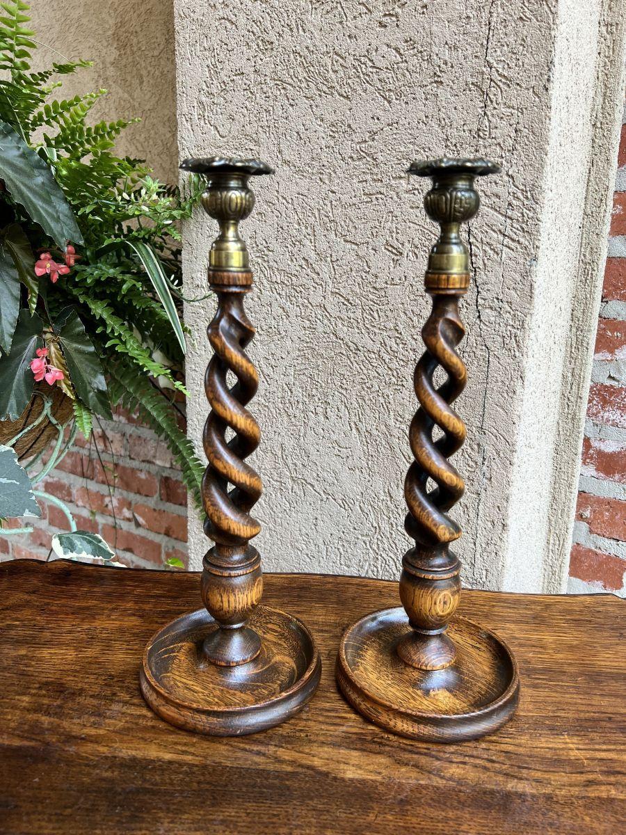 Pair Antique English Oak Open Barley Twist Candlesticks Candle Holder Brass For Sale 6