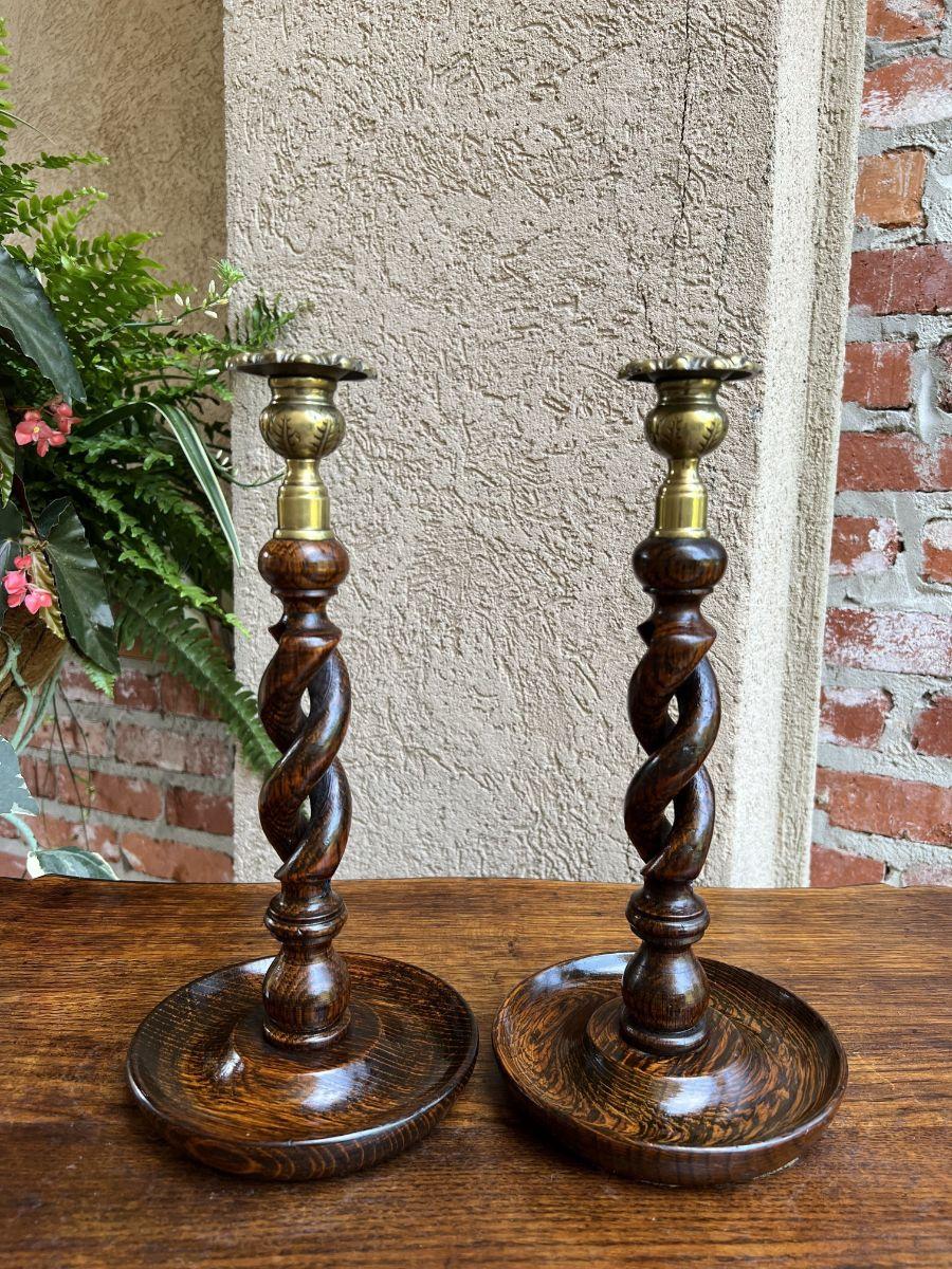 Pair Antique English Oak Open Barley Twist Candlesticks Candle Holder Brass For Sale 7