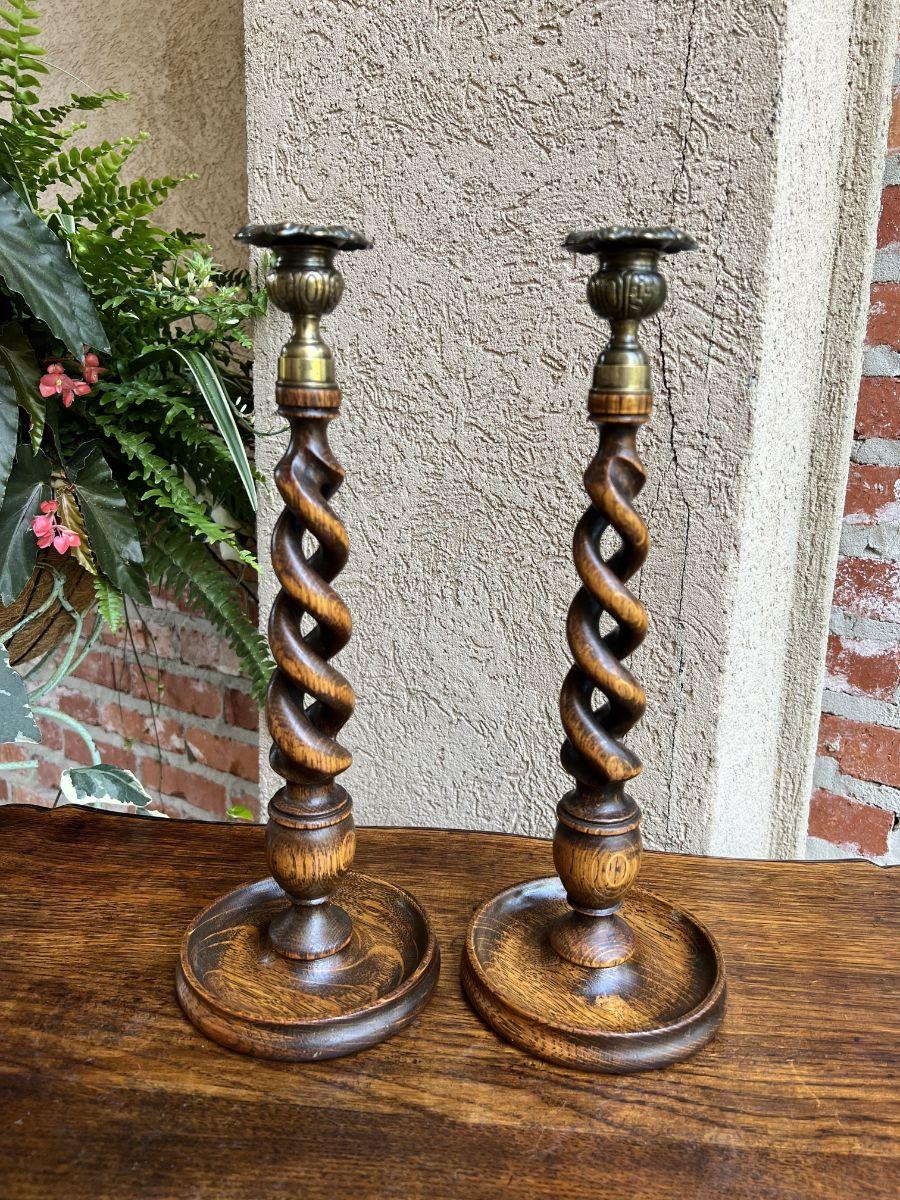 Pair Antique English Oak Open Barley Twist Candlesticks Candle Holder Brass For Sale 7