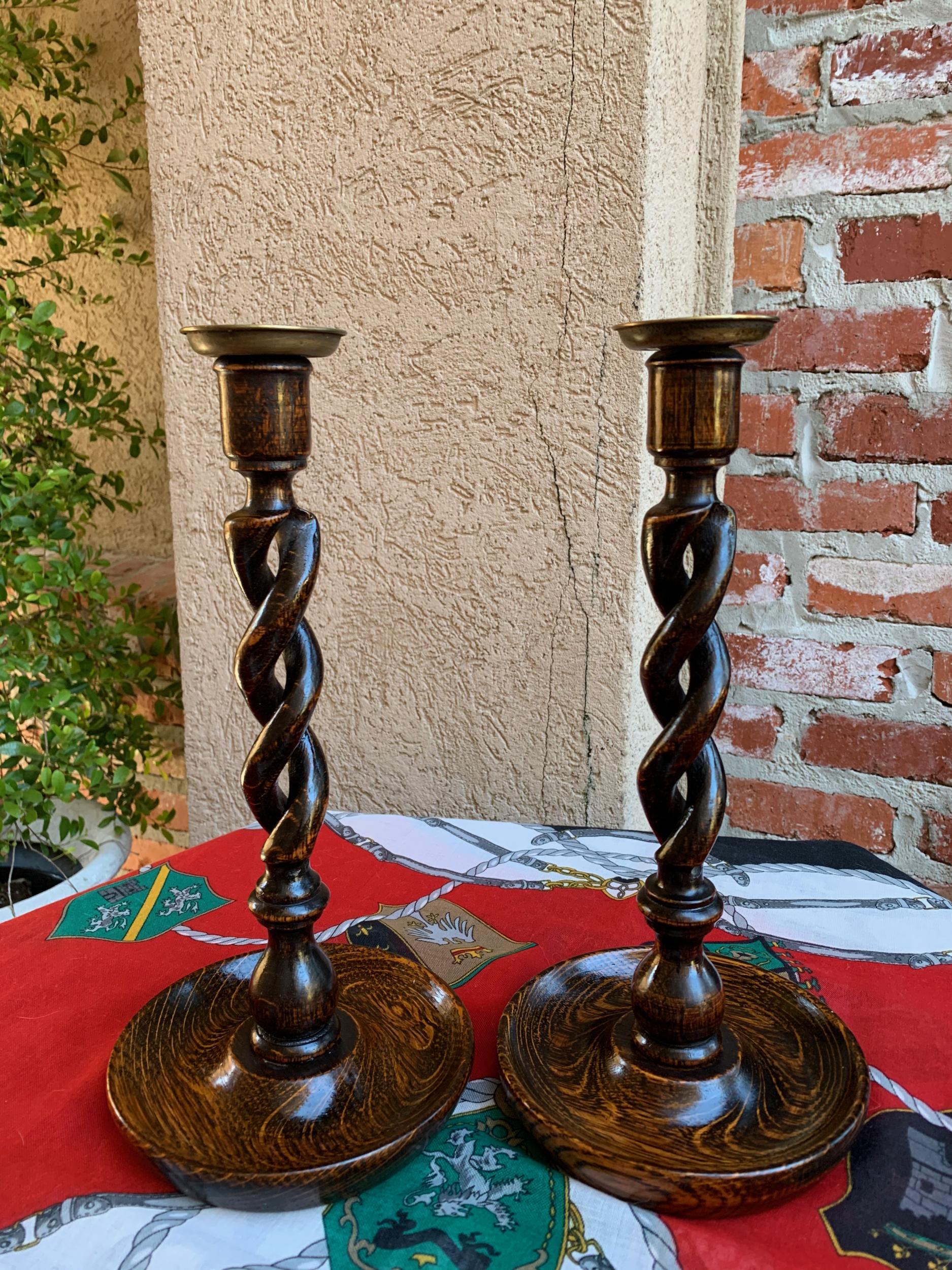 Pair of Antique English Oak Open Barley Twist Candlesticks Candleholder Brass 8