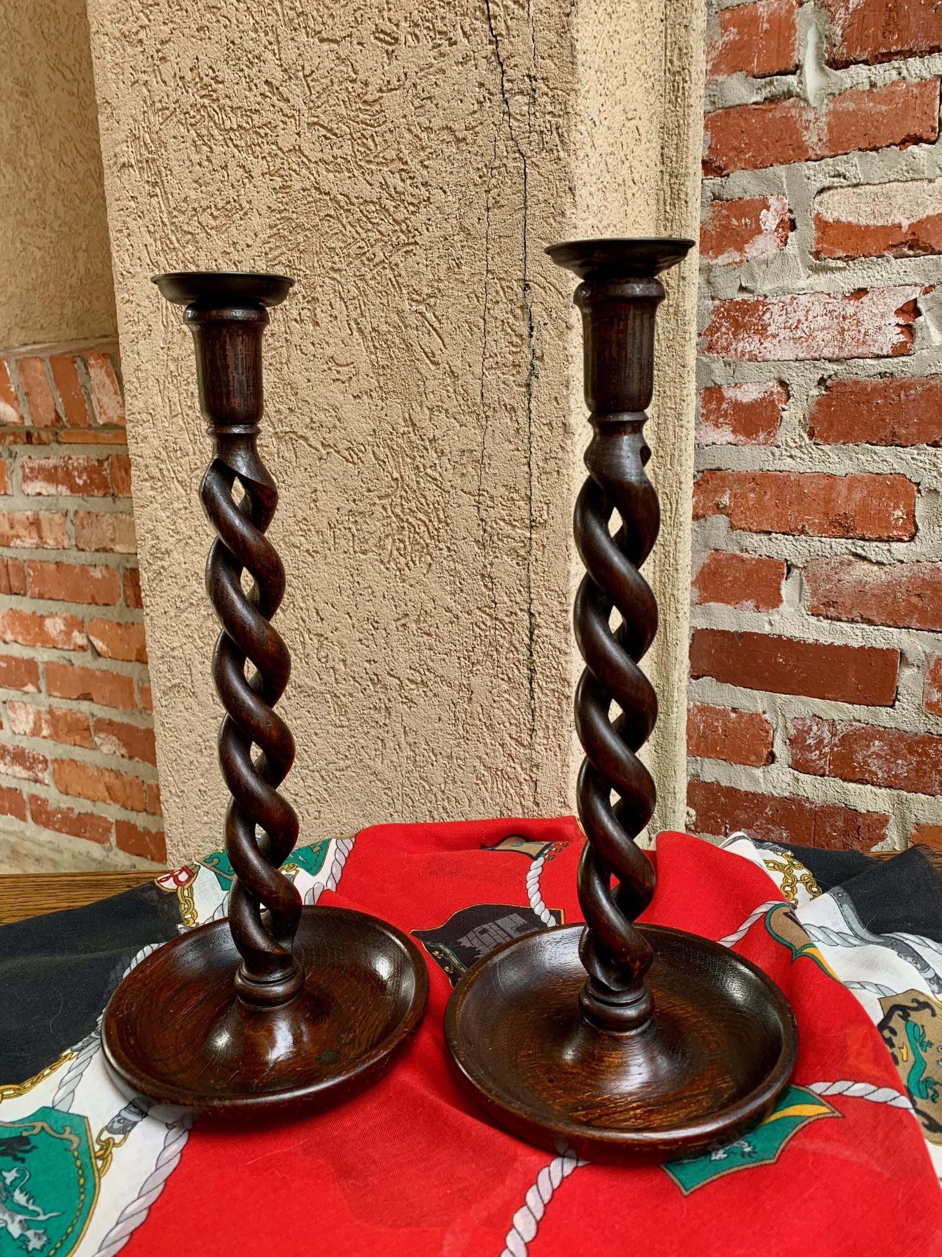 Pair of Antique English Oak Open Barley Twist Candlesticks Candleholder Brass 9