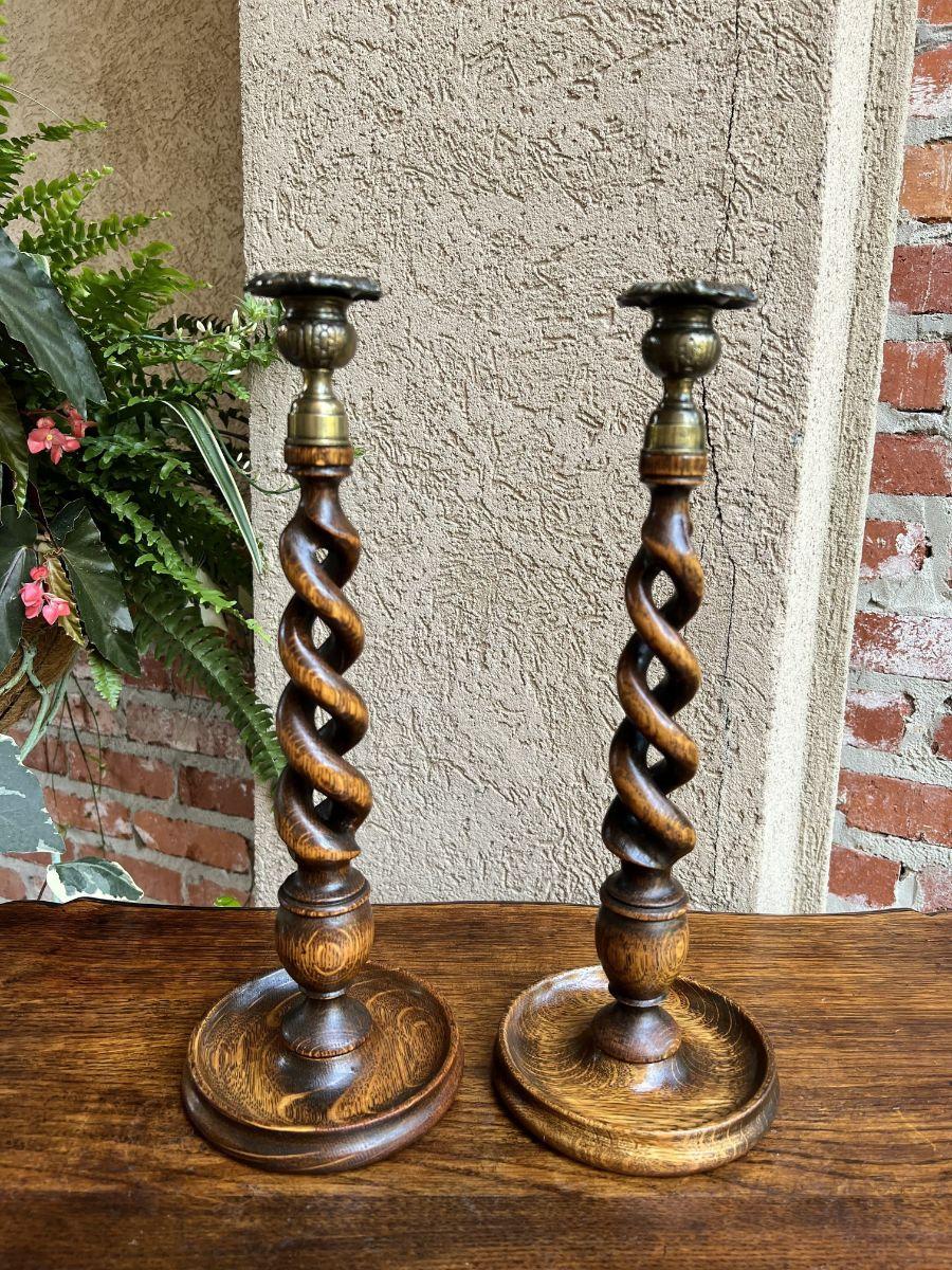 Pair Antique English Oak Open Barley Twist Candlesticks Candle Holder Brass For Sale 8