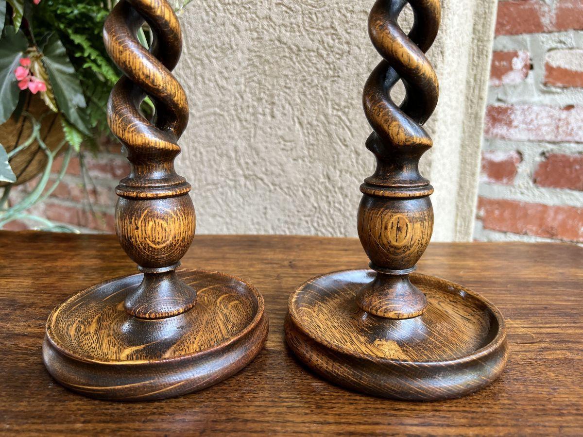 Pair Antique English Oak Open Barley Twist Candlesticks Candle Holder Brass For Sale 9