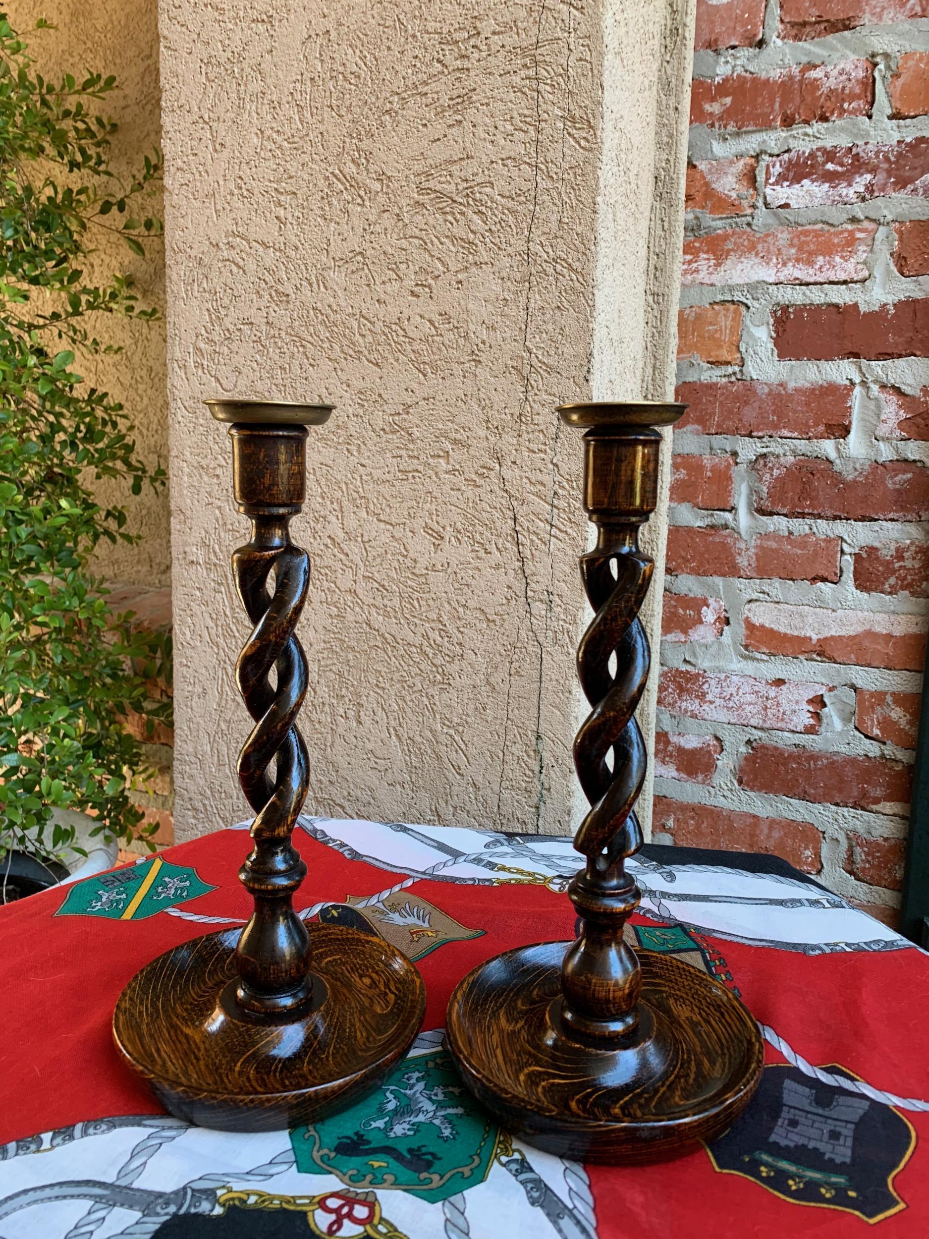 Pair of Antique English Oak Open Barley Twist Candlesticks Candleholder Brass 10