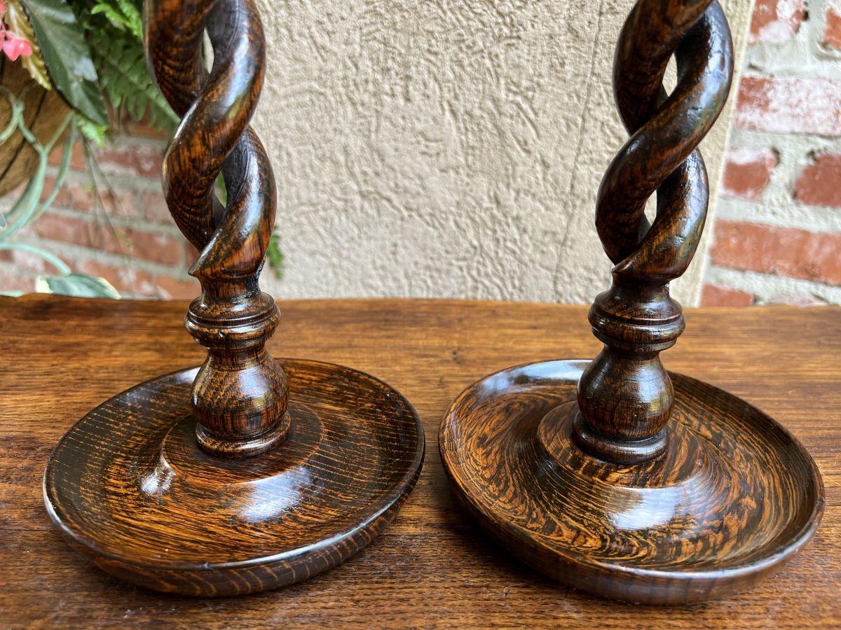 Pair Antique English Oak Open Barley Twist Candlesticks Candle Holder Brass For Sale 11