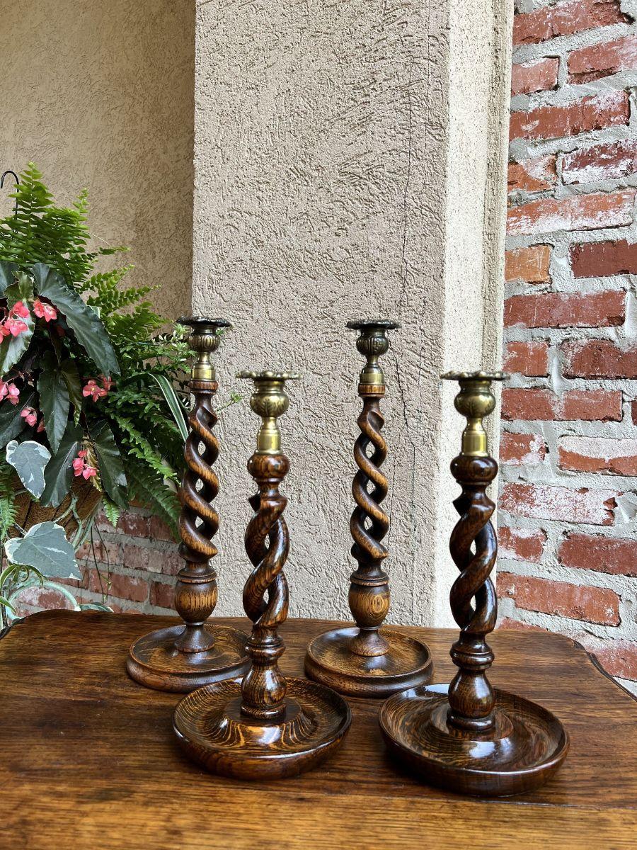 Pair Antique English Oak Open Barley Twist Candlesticks Candle Holder Brass For Sale 11