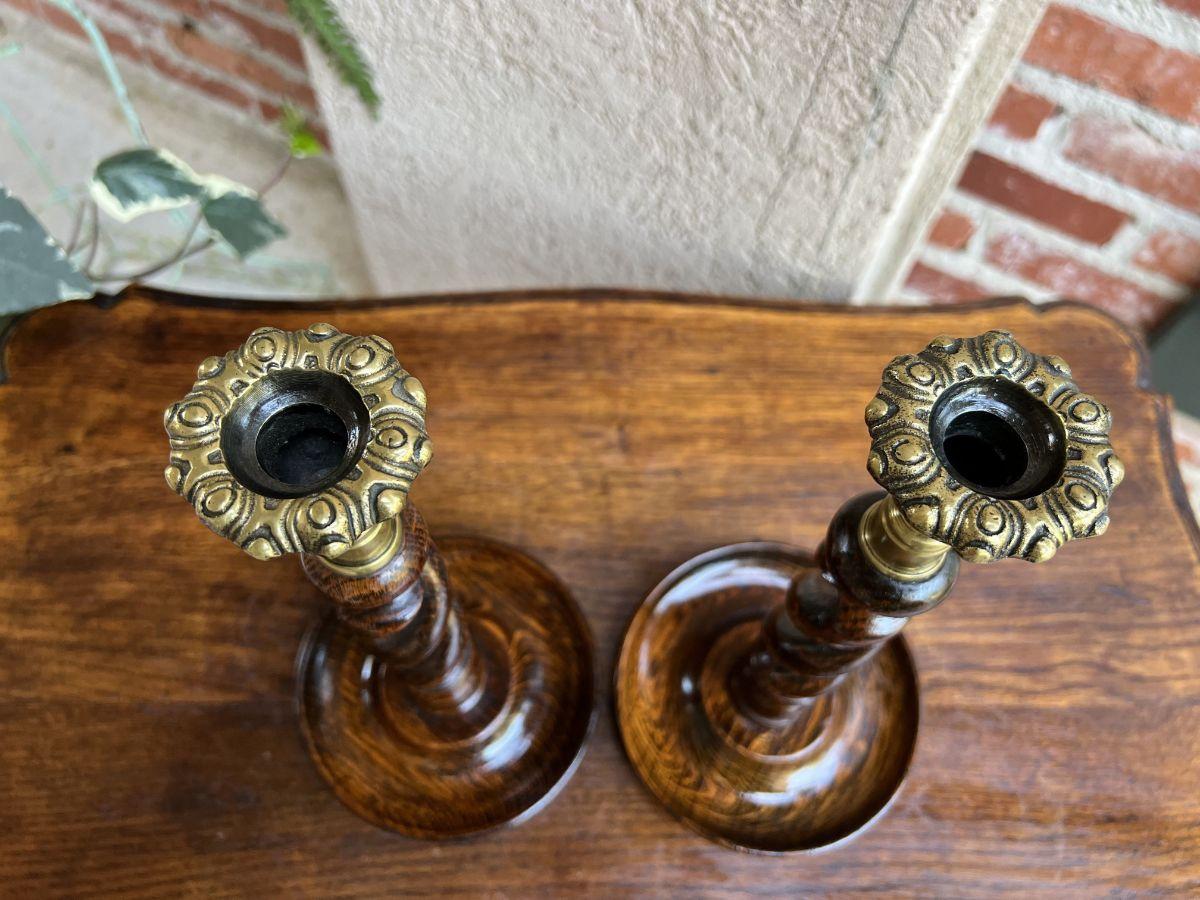 Pair Antique English Oak Open Barley Twist Candlesticks Candle Holder Brass For Sale 12