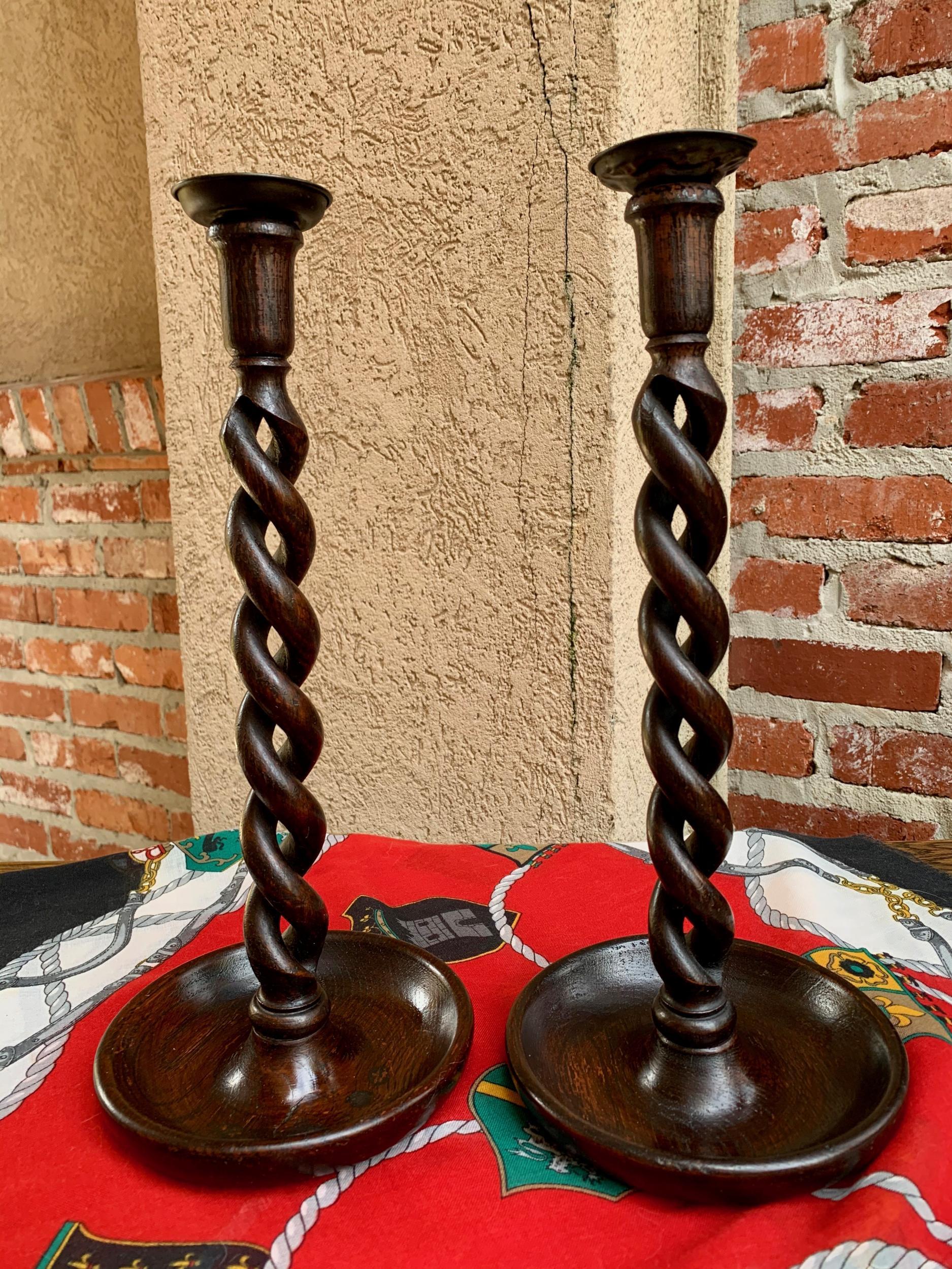 Pair of antique English oak open barley twist candlesticks candleholder brass

~Direct from England~
Another lovely pair of antique English oak barley twist candlesticks!
~”Open” barley twist, very unique and always hard-to-find~
~Original old