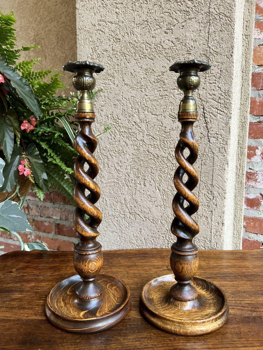 PAIR Antique English Oak OPEN Barley Twist Candlesticks Candle Holder Brass.

Direct from England, another lovely pair of antique English oak barley twist candlesticks, these quite special as they are the “open barley twist”, quite hard to find, and