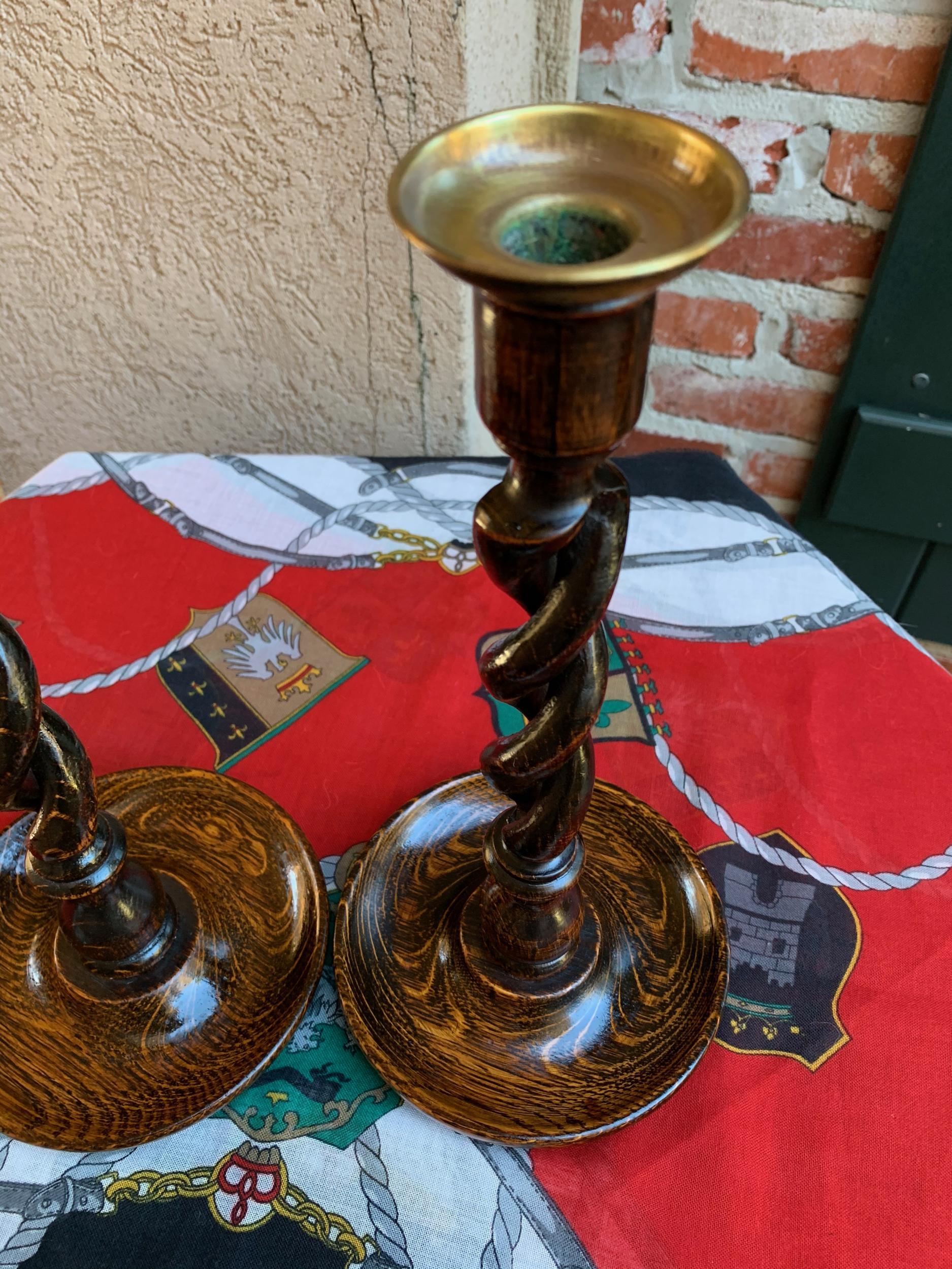 Pair of Antique English Oak Open Barley Twist Candlesticks Candleholder Brass 13