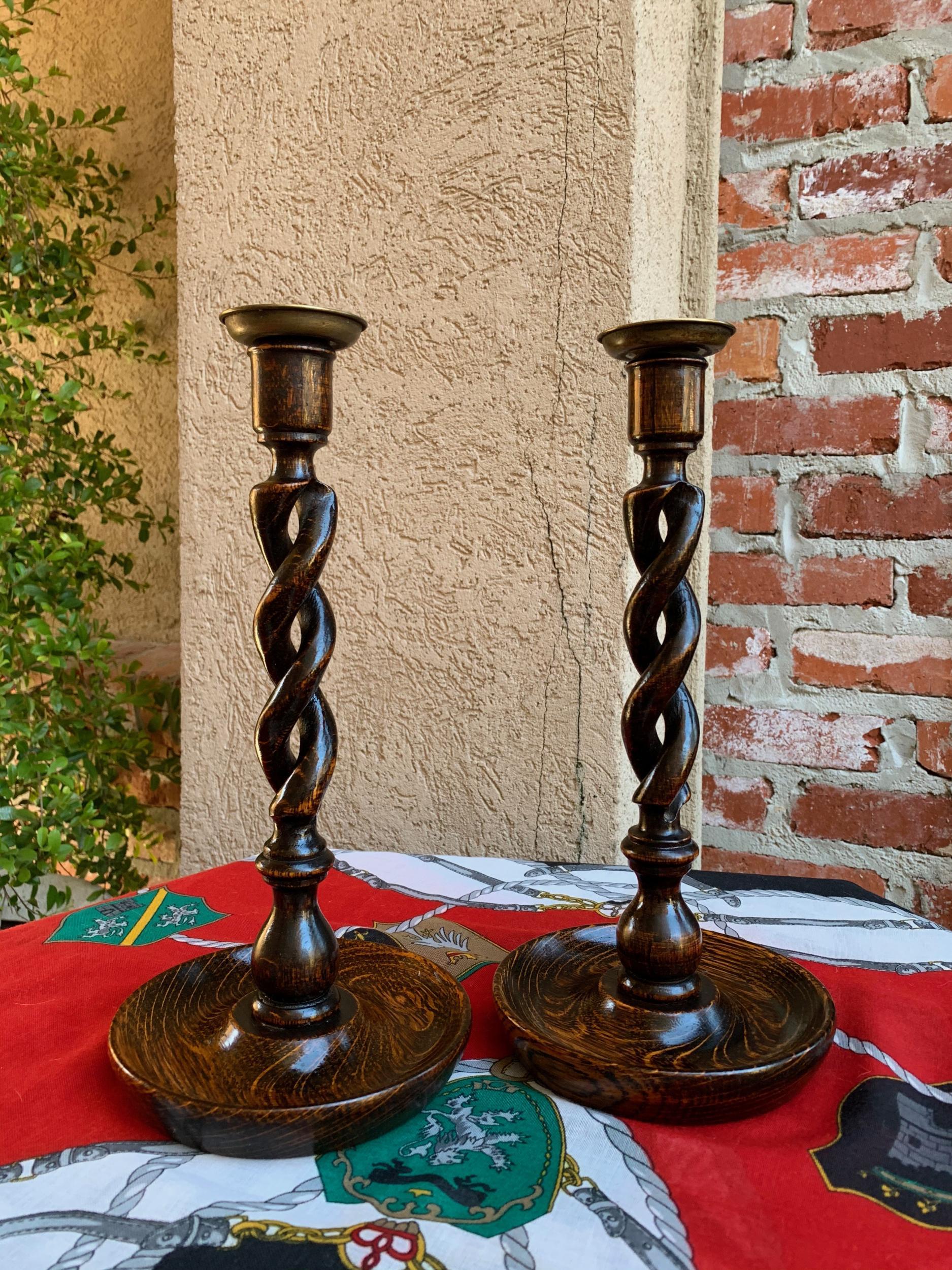 Jacobean Pair of Antique English Oak Open Barley Twist Candlesticks Candleholder Brass