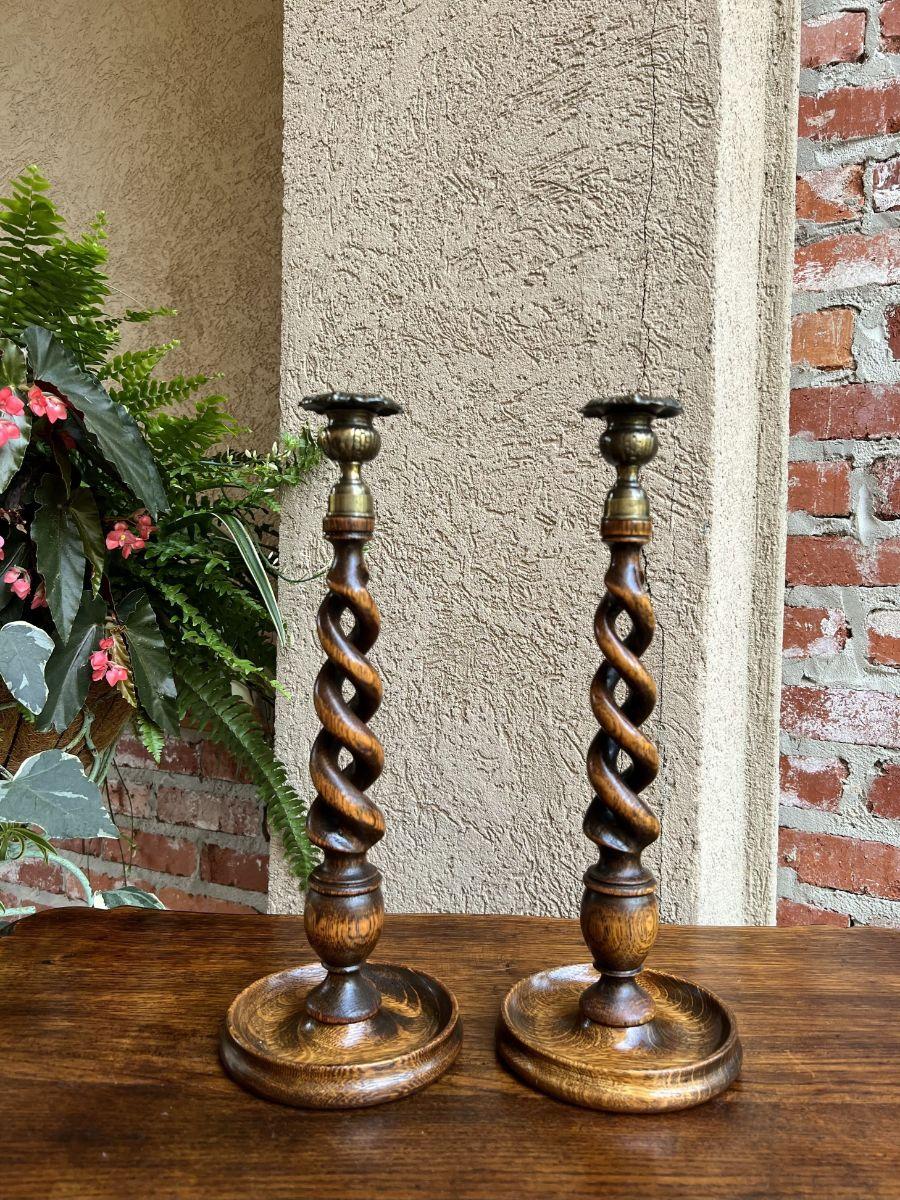 Jacobean Pair Antique English Oak Open Barley Twist Candlesticks Candle Holder Brass For Sale