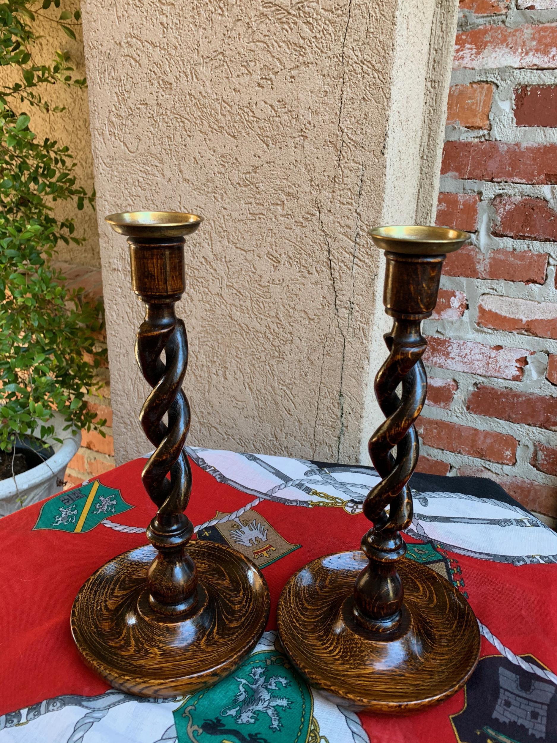 European Pair of Antique English Oak Open Barley Twist Candlesticks Candleholder Brass