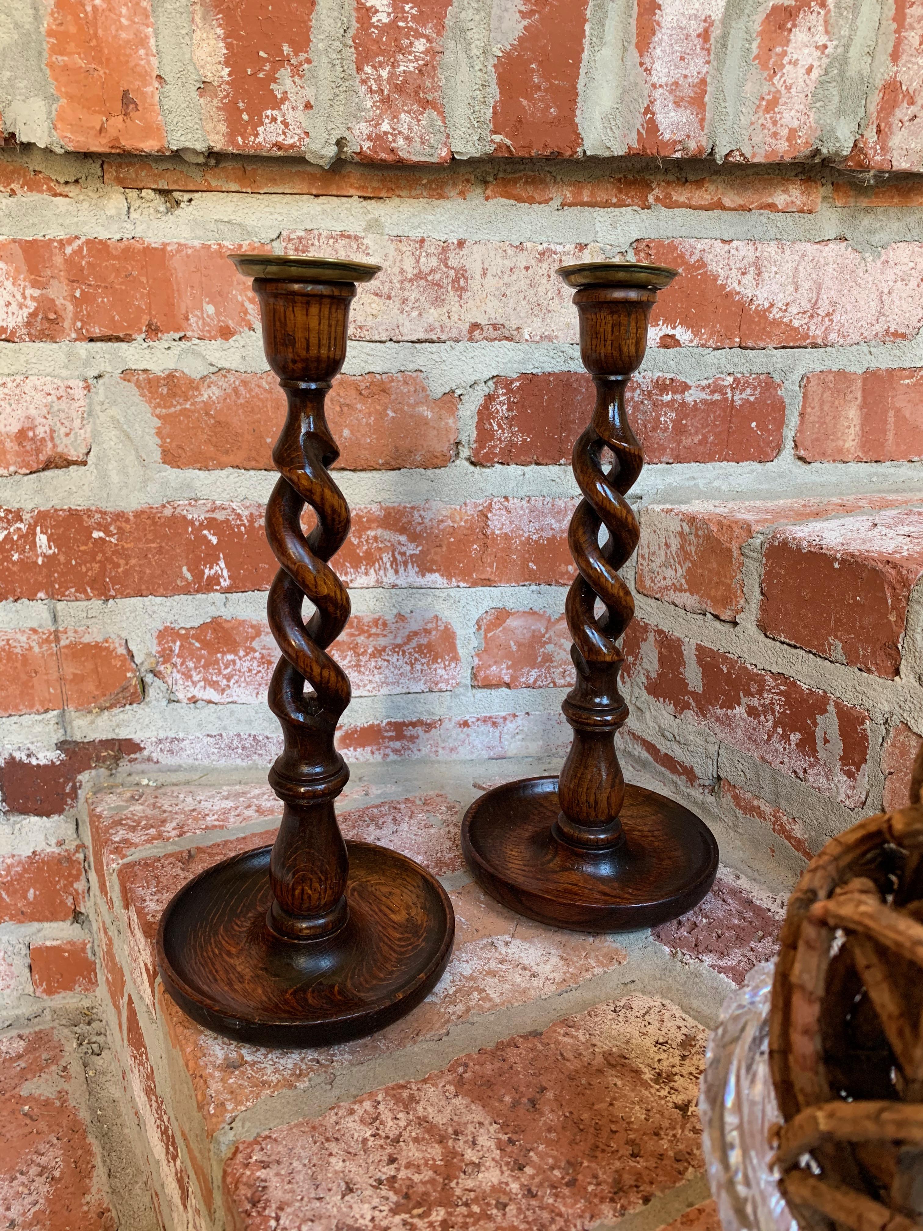 Arts and Crafts Pair of Antique English Oak Open Barley Twist Candlesticks Candleholder Brass