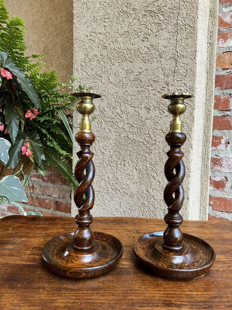 Pair Antique English Oak Open Barley Twist Candlesticks Candle Holder